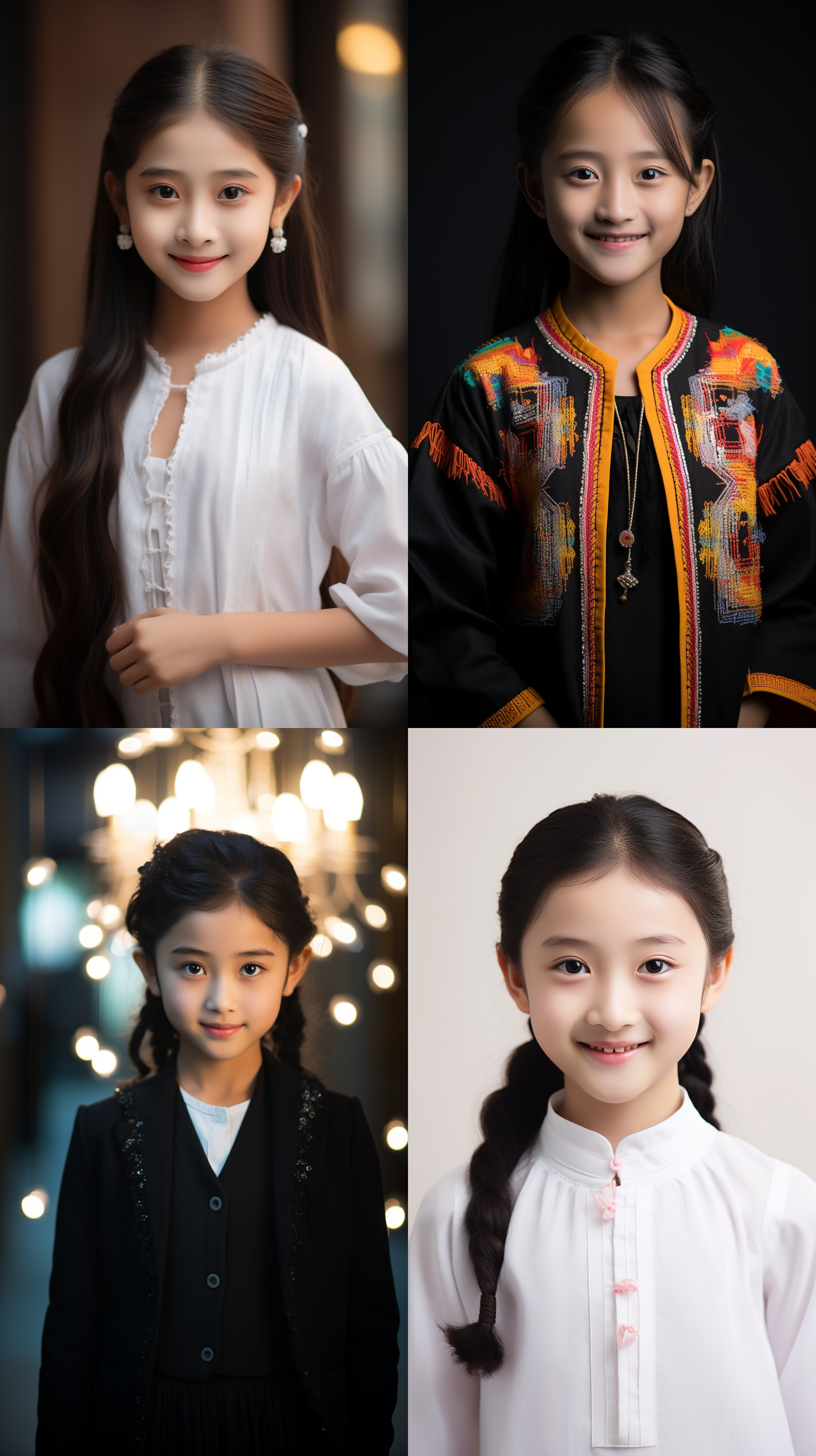 12岁中国女孩，明亮光线，肖像镜头,白色墙壁，自然风格，微笑，自信，活力，纯真