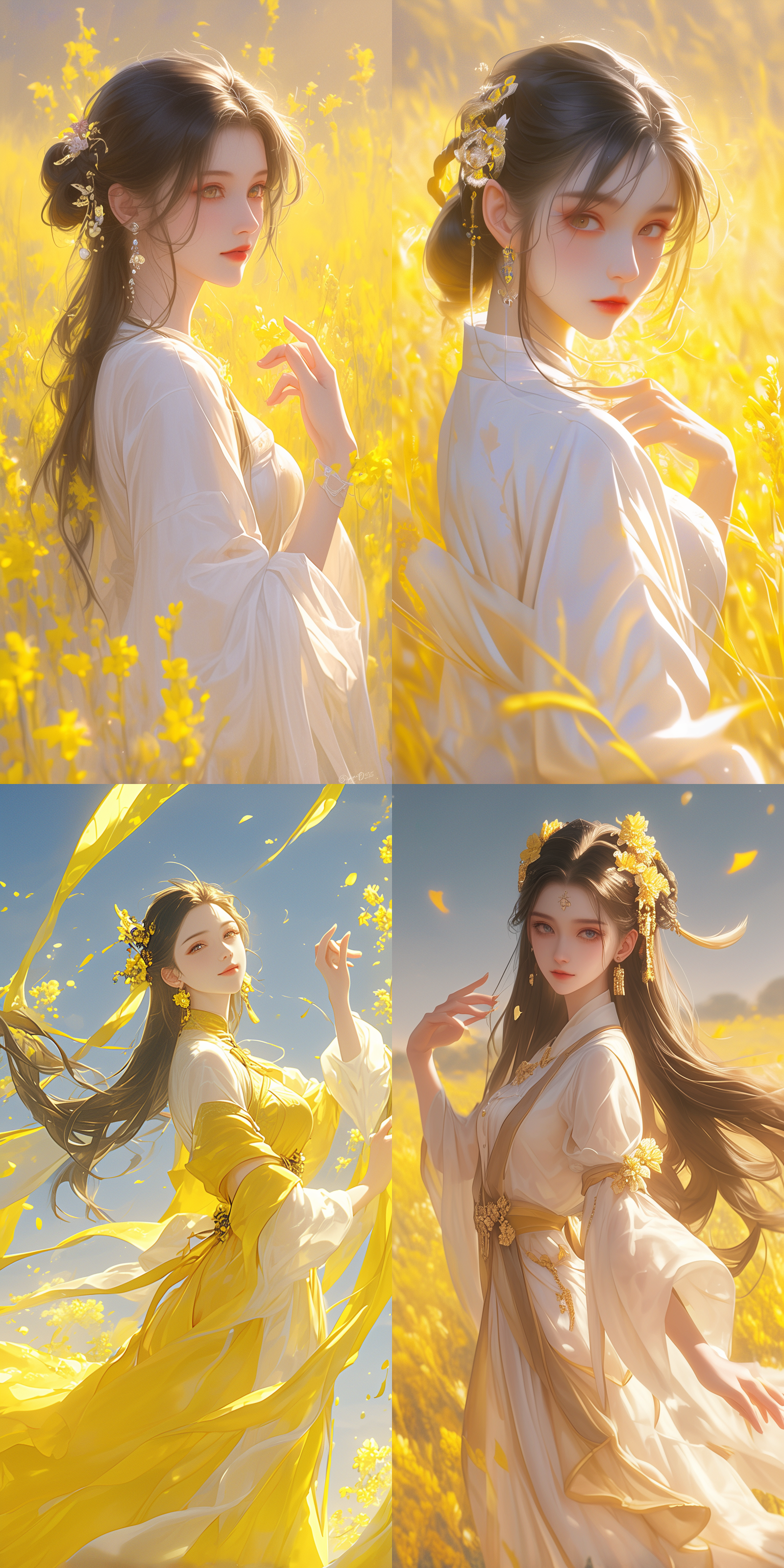 亚洲超美女生（高级精致的面容id）,精美装扮，长发飘飘，精美发饰，耳环戒指吊坠，白色丝质汉服，唯美主义，油菜花田背景，丁达尔光线，色彩鲜艳，全身镜头，全景摄影，大师级作品，超精细，超清晰，超高分辨率，超高品质，超高质量，超高细节，超高清，32k