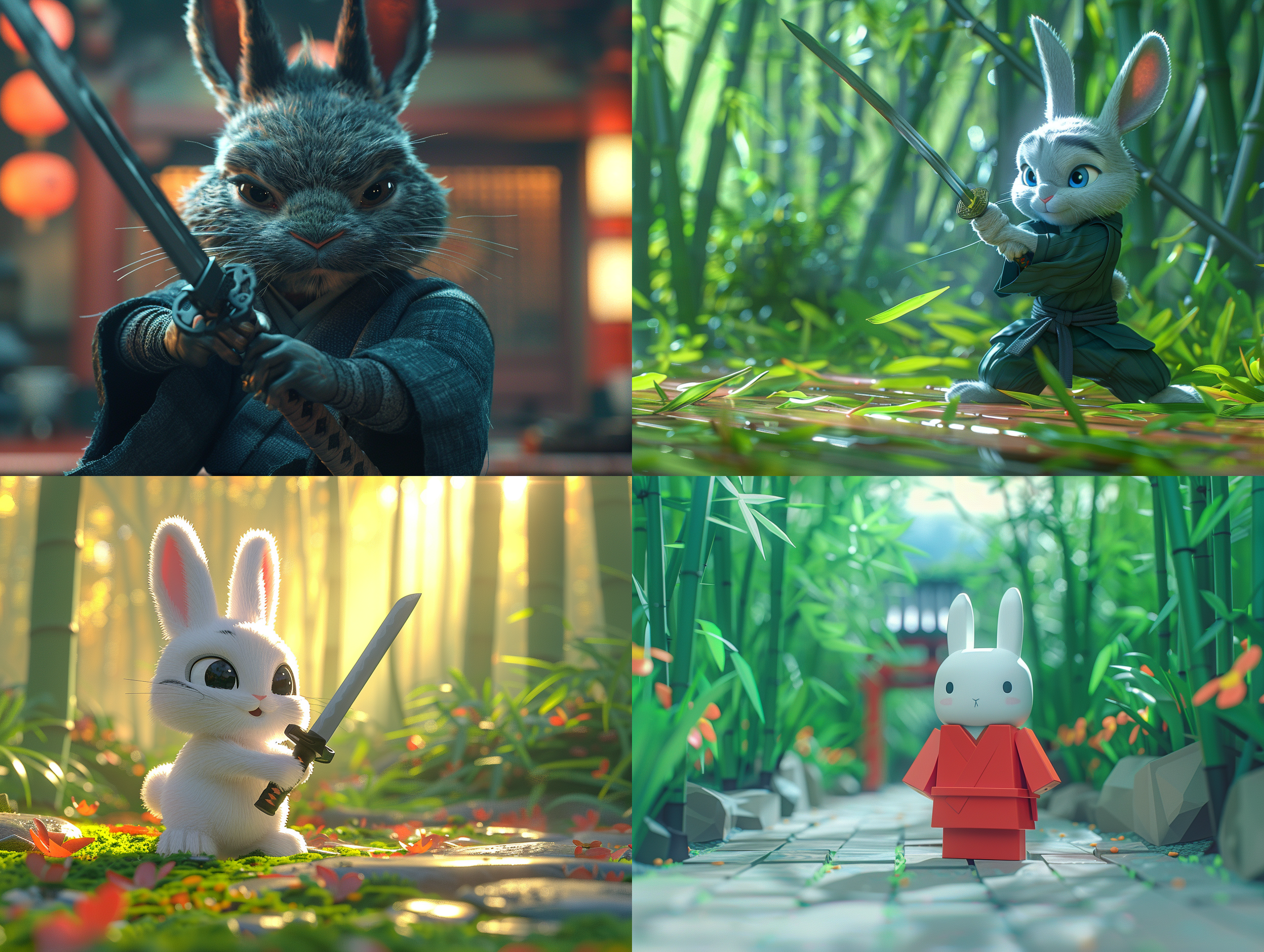 武士兔子，竹林，黄金时段，柔和光芒，传奇剑，高贵，安静力量，阴影，混乱战斗，宁静时刻，3d。