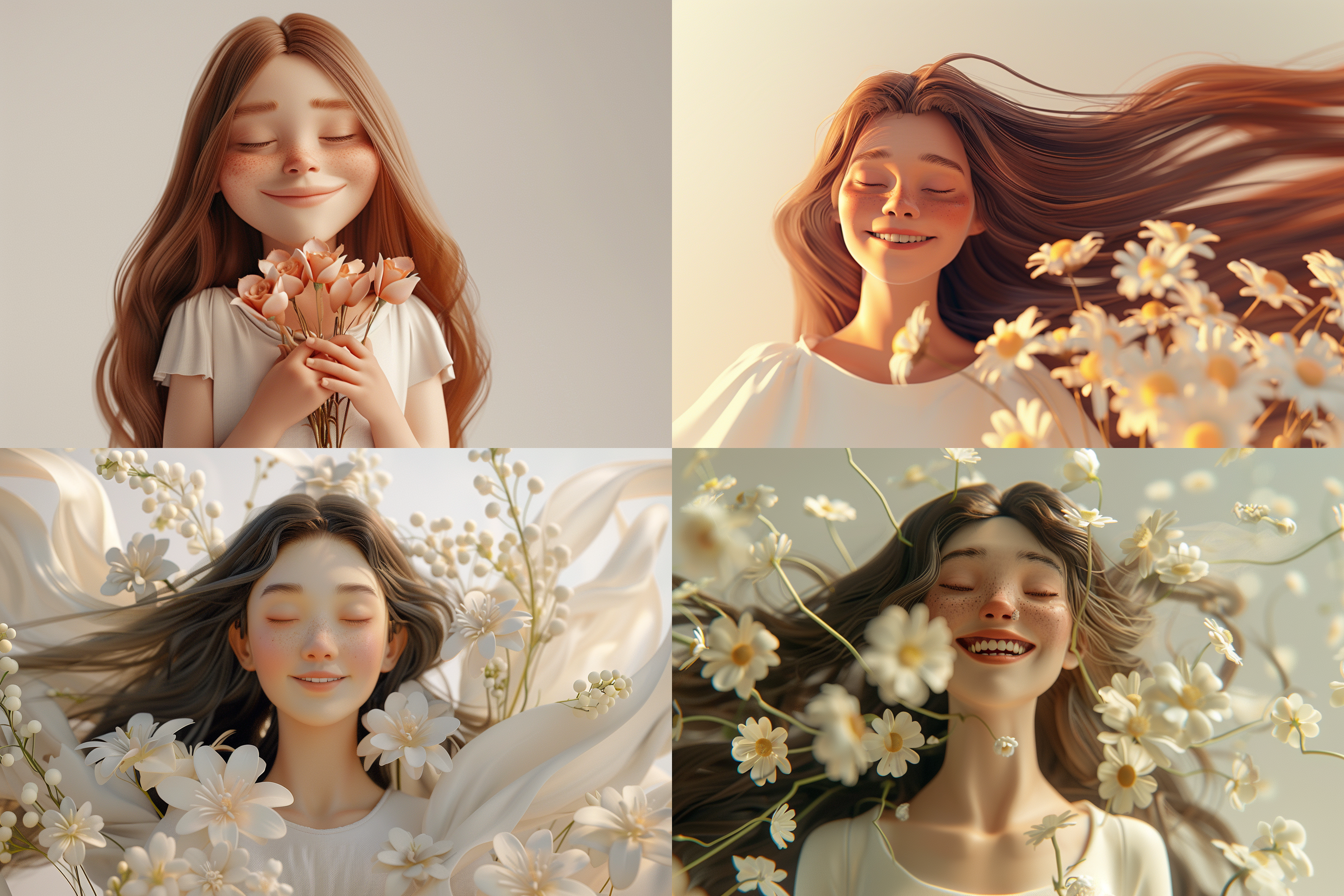 少女手持鲜花，笑容满面，白色裙子，长发飘逸，白色背景，干净纯净，细致描绘，泡泡磨砂风格，粘土材质，和谐色调，强烈的深度，3d，c4d，简洁背景，blender，高品质，高分辨率，32k，9:16 s180 niji6。