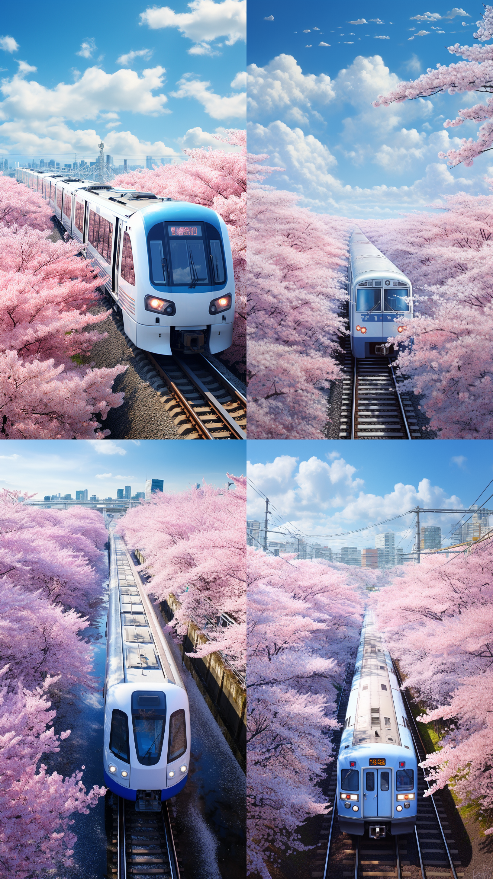 3d，广角，航拍俯拍，泡泡玛特，厚涂，插画海报，低饱和度，开往春天的火车，蓝白色的和谐号名古屋2200系特急电车驶入，周围是粉色的樱花，蔓延向远方的铁轨，梦幻，浪漫，春天