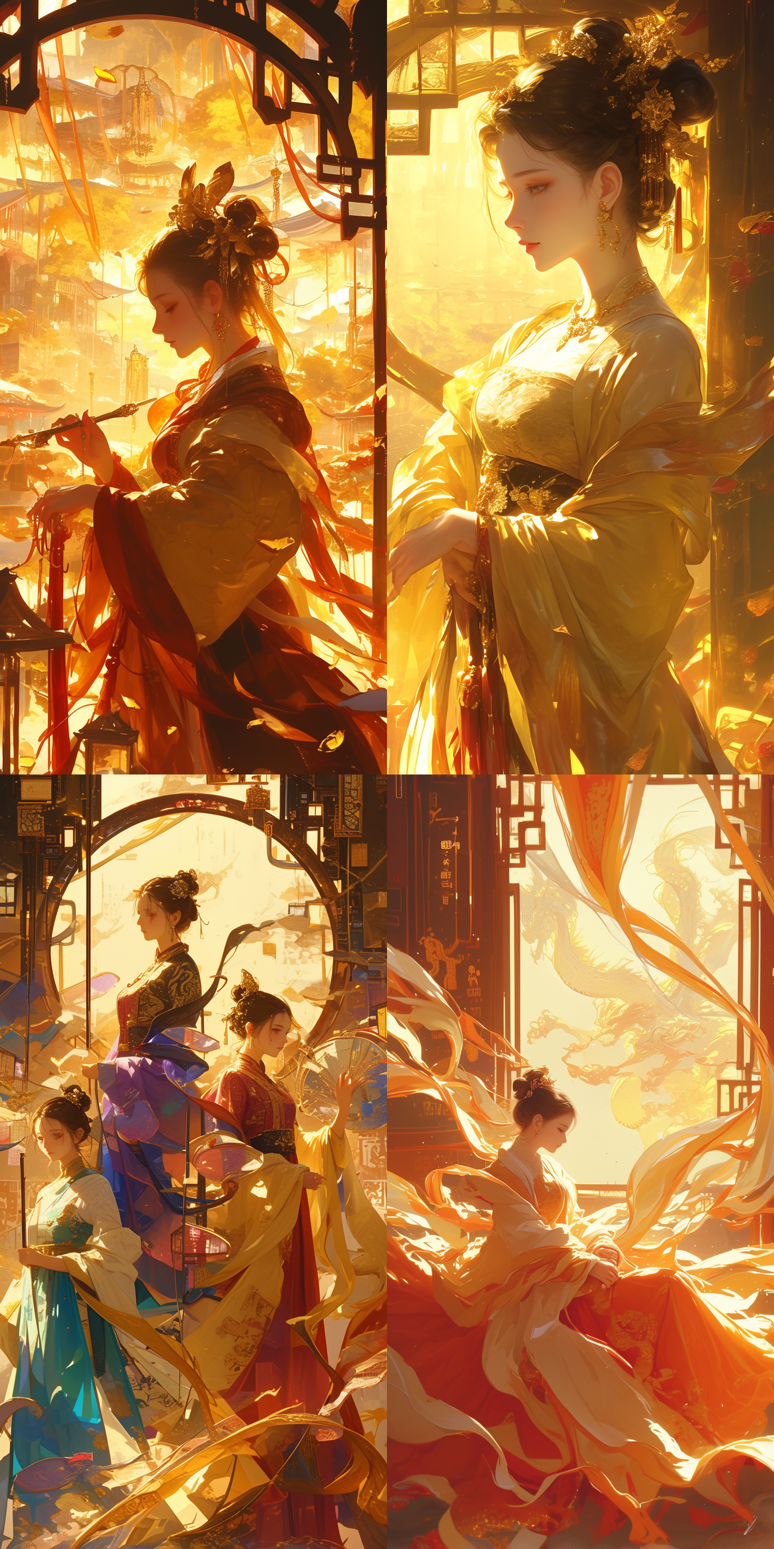 盛唐古装美女，城市全景，霓虹灯映衬，华丽服饰，柔和色调，长焦镜头，侧光，优雅动作，古典元素，金色调，宁静神态。