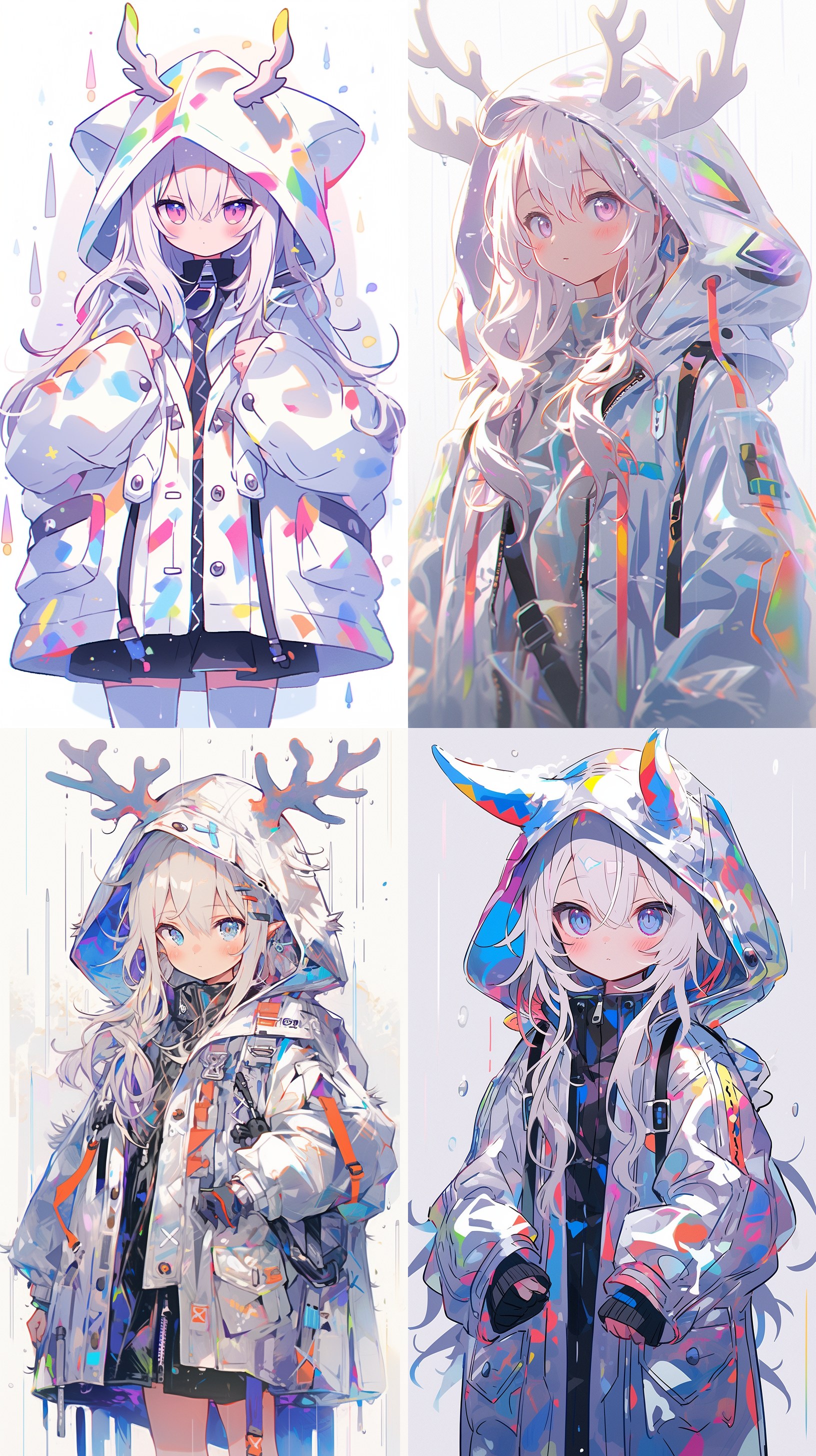 动漫，一个可爱的鹿角女孩穿着雨衣，彩虹不透明薄膜rgb，蓝紫色彩虹雨衣，浅紫色，干净的背景，全身