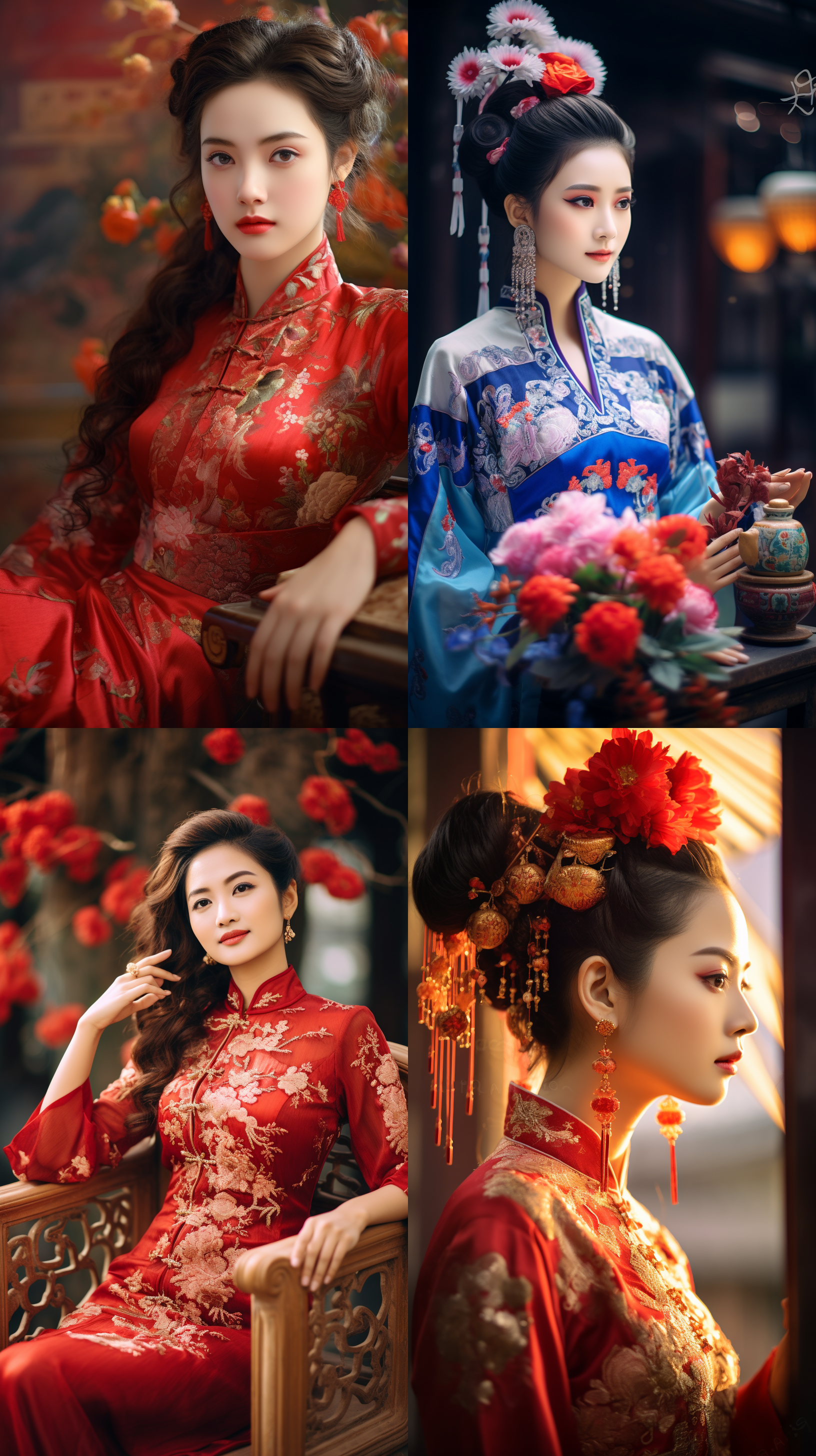 室外拍摄，明亮色调，中国模特穿着古典服装，侧面肖像，柔和光线，中焦镜头，端庄表情，优雅动作，传统元素，油画效果，温暖情感