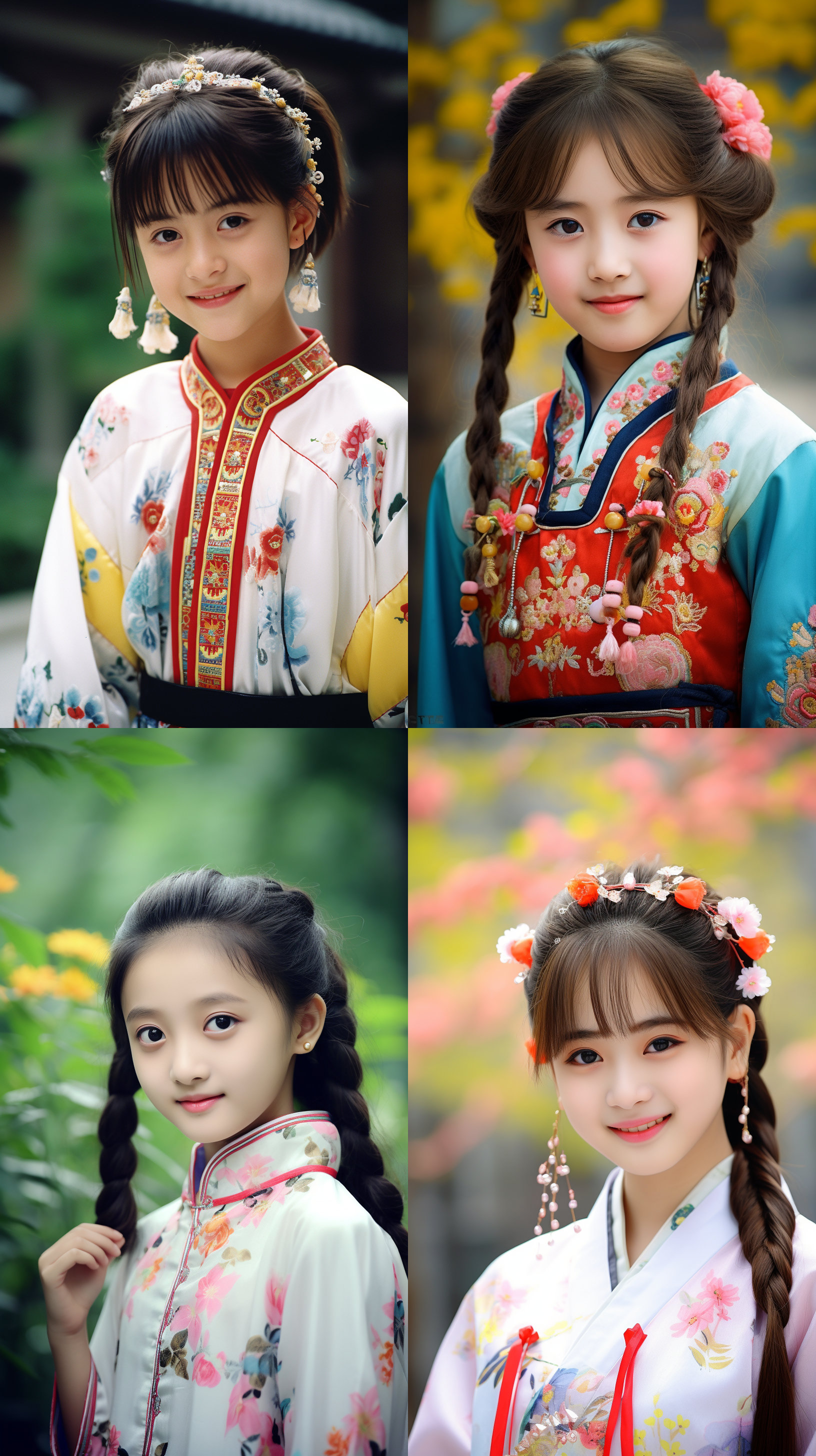 12岁中国少女，肖像镜头拍摄。照片中的少女面带微笑，眼神明亮。她身穿传统中国服装，发饰上点缀着鲜花。背景为明亮的室外环境，绿树成荫，花朵盛开。照片风格明亮色调，突出少女的青春活力和纯真。