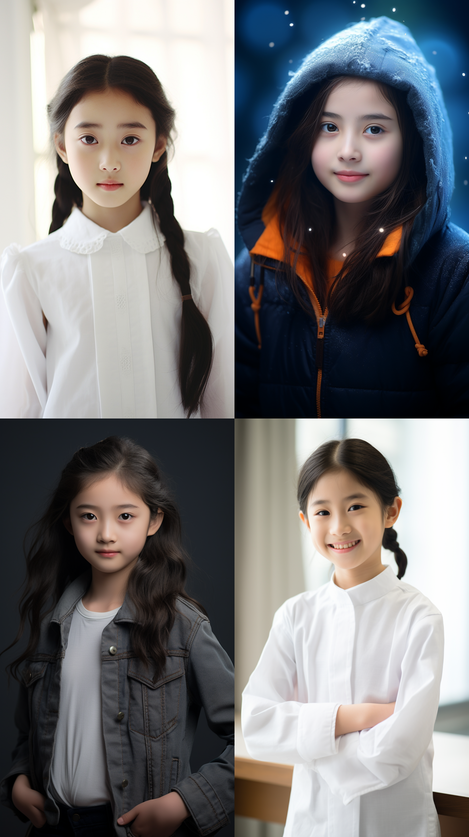 12岁中国女孩，明亮光线，肖像镜头,白色墙壁，自然风格，微笑，自信，活力，纯真