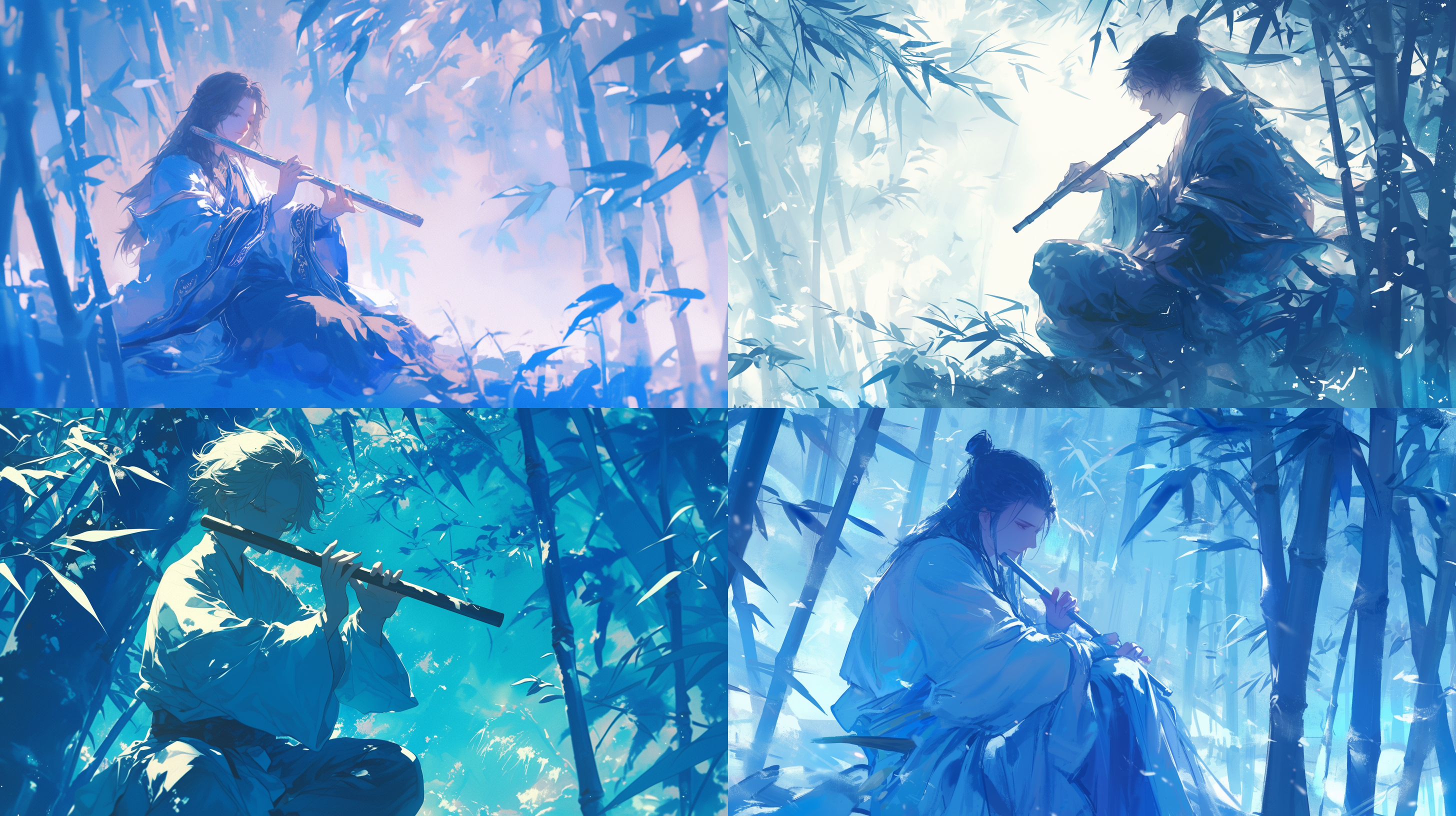 古风男孩玉笛竹林, 坐姿, 高角度视角, 青色调, 朦胧光影, 中长焦镜头, 和煦光线, 轻轻吹奏, 幽静氛围, 宁静祥和。