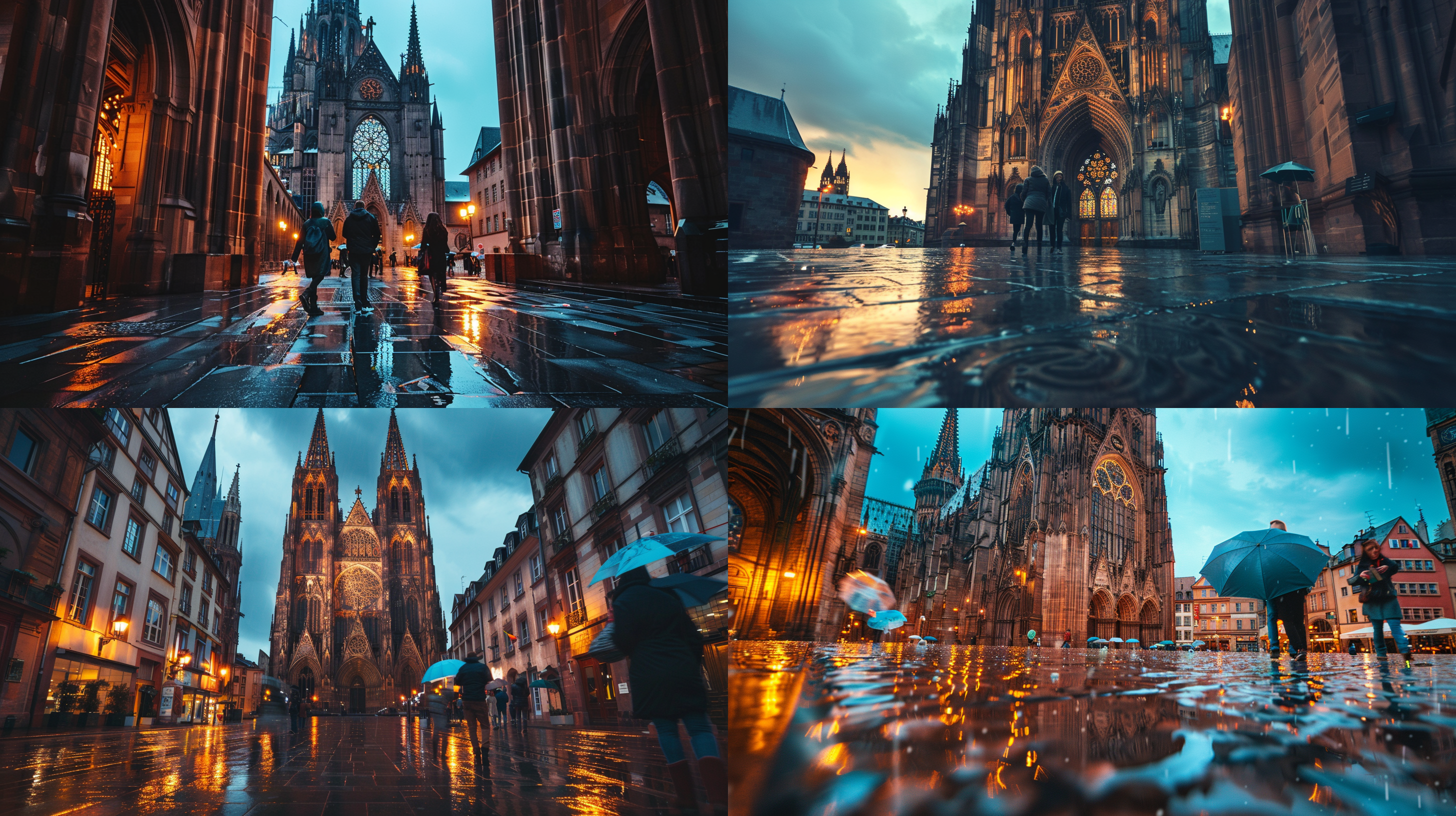 斯特拉斯堡大教堂，对角线构图，哥特式建筑，细节丰富，蓝调色调，广角镜头，日落光线，游客拍照，庄严肃穆。 雨天背景 自然照明