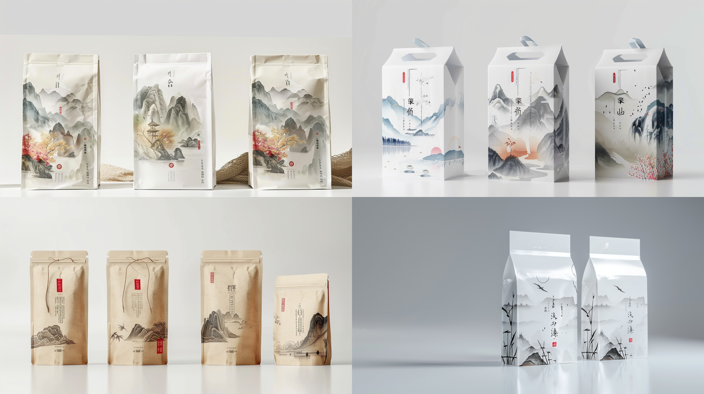 茶叶包装，创意结构，袋/盒混合，现代设计，包装袋中国风山水插画，清晰细节，白色背景，正面视角，中焦镜头，均匀光线，无人动作，简约风格，专业。