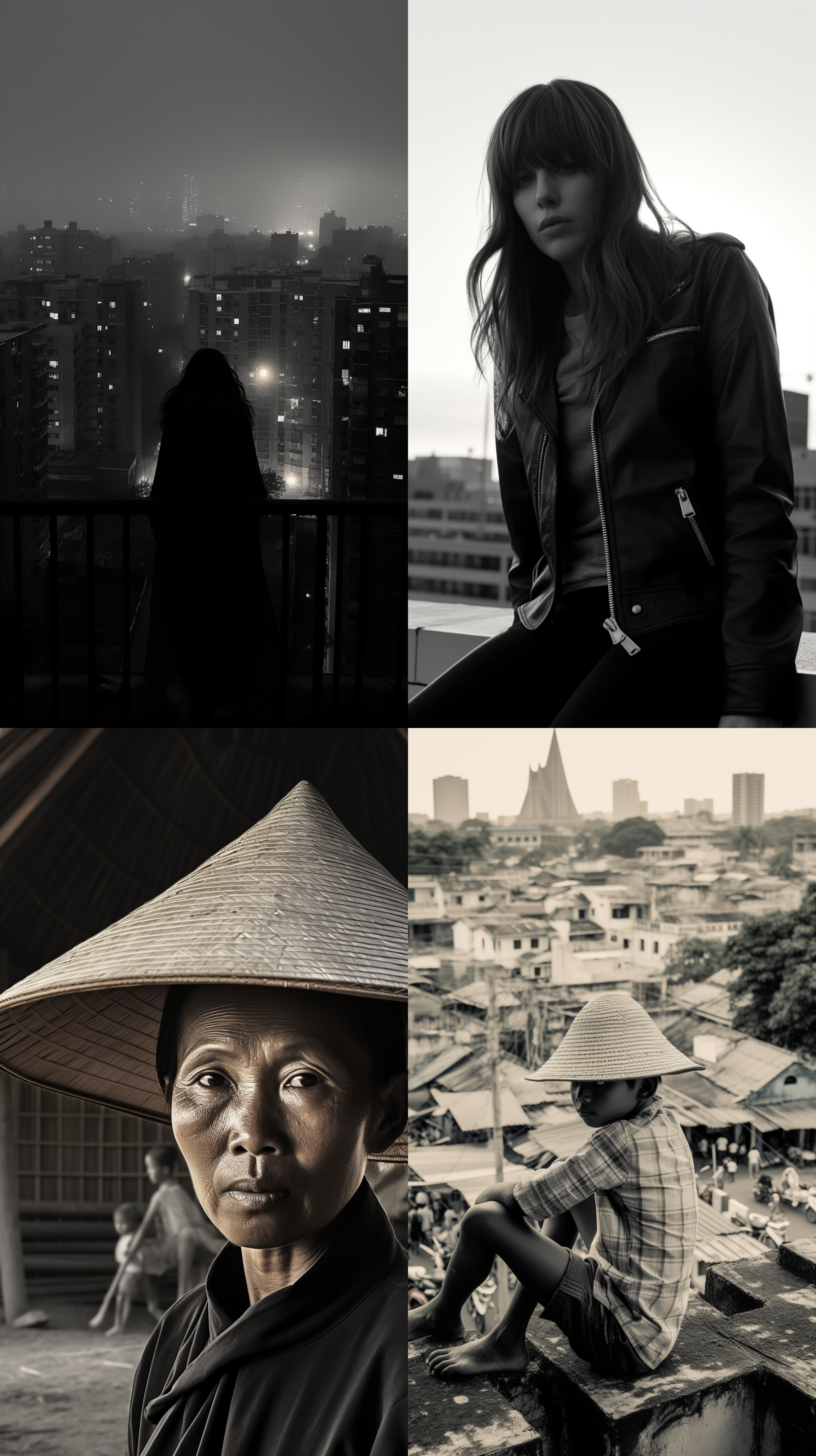 抽烟的中国少女，屋顶上，黑白风格，侧面特写，烟雾缭绕，传统服饰，哀伤表情，光影交错，复古色调，胶片效果，思考。