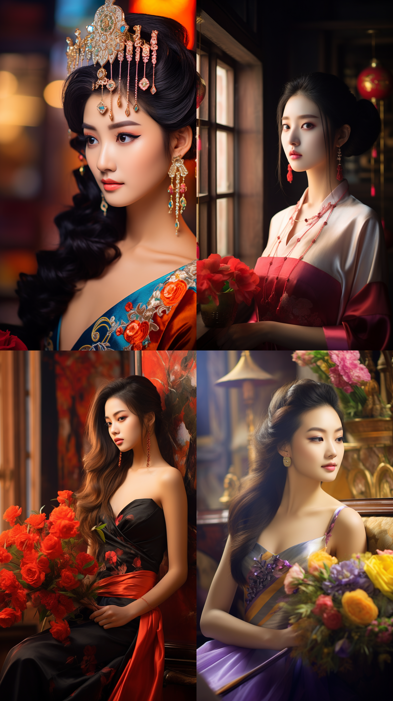 室内拍摄，明亮色调，中国模特穿着古典服装，侧面肖像，柔和光线，中焦镜头，端庄表情，优雅动作，传统元素，油画效果，温暖情感