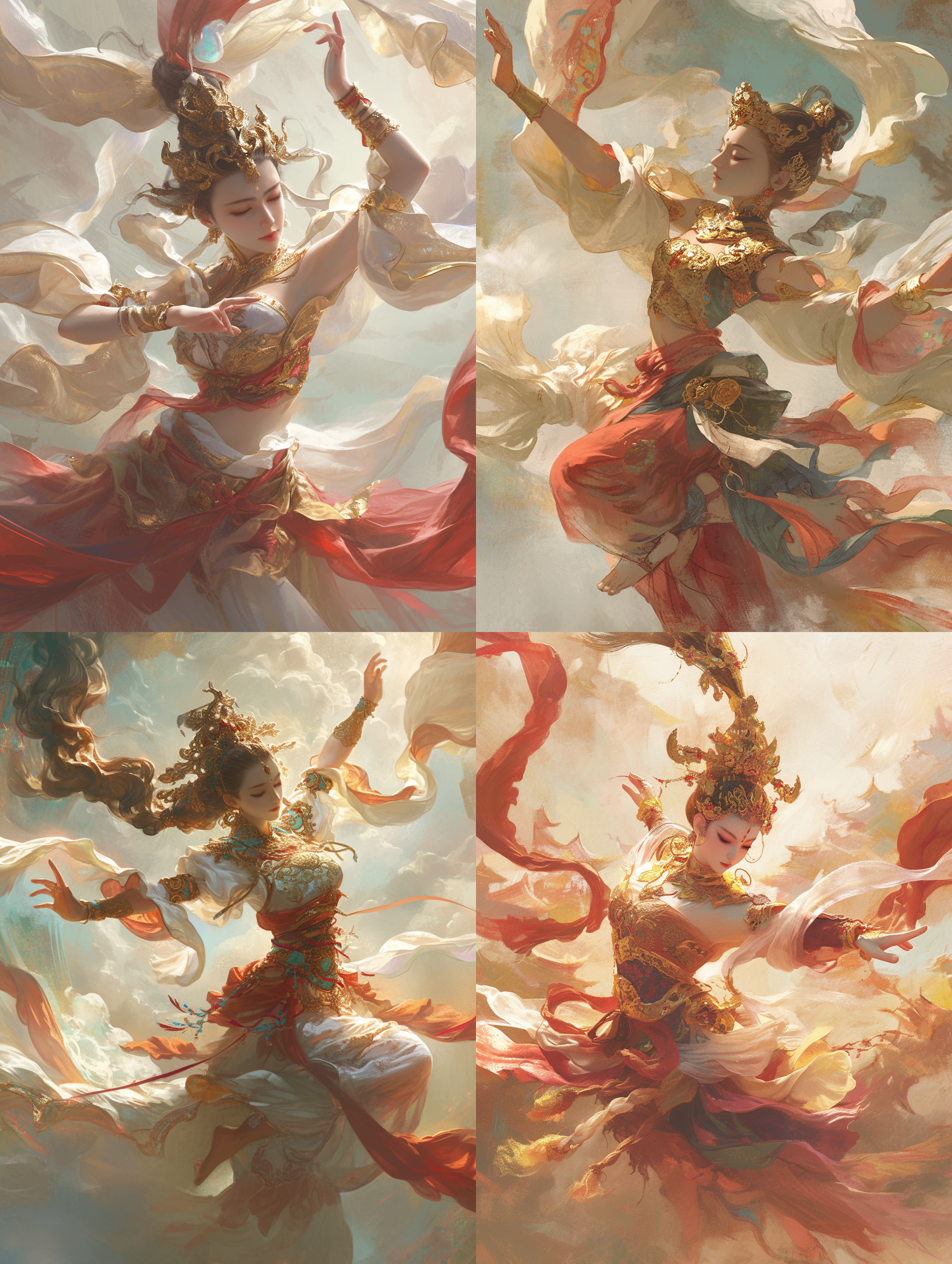 3d艺术，敦煌飞天，东方古典舞者，浪漫氛围，眉宇间的忧愁，孤独，非常美丽，雾化前景，细节丰富，动态手势，舞动，中画幅相机，广角，2.0光圈，俯瞰角度