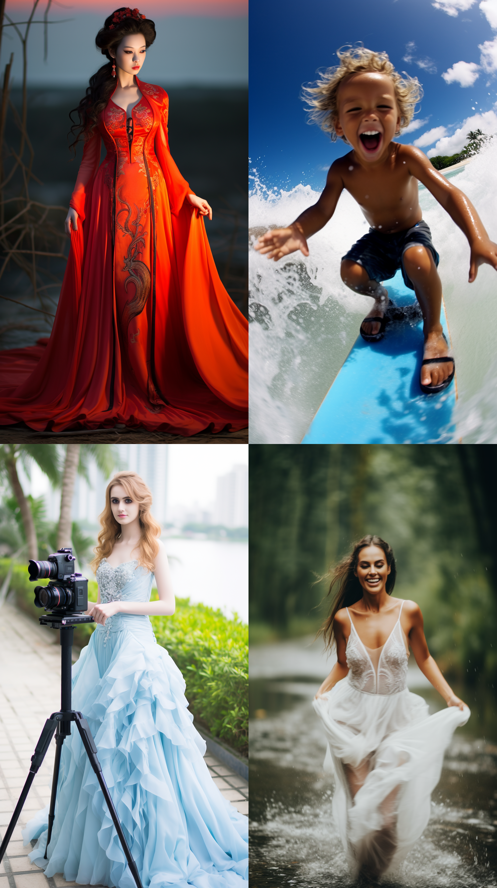 中国媒体，夏日海滩摄影，沙滩上，活泼笑容，清晰明亮，户外环境