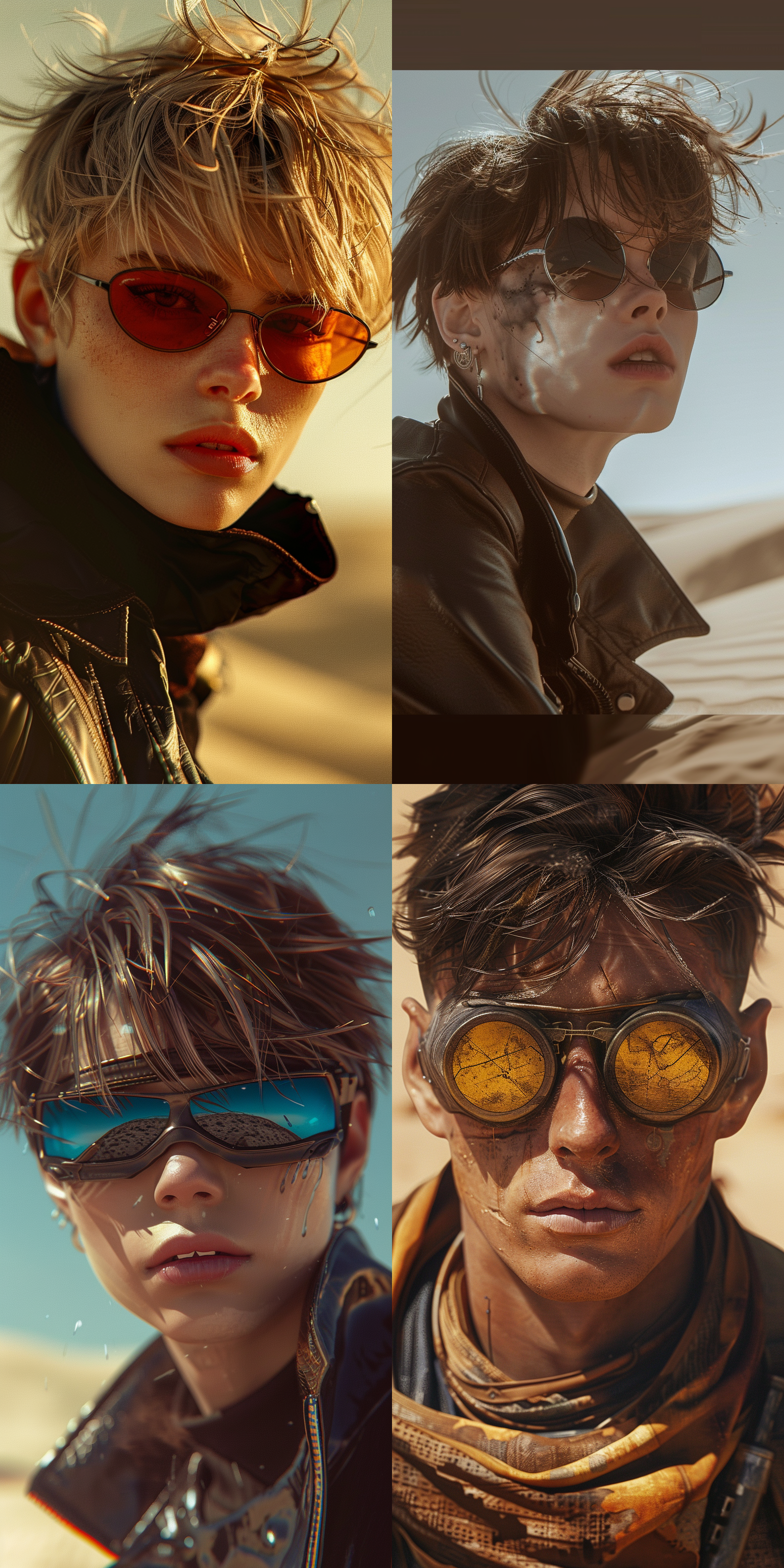 废土风格，摄影大赛，超帅男生(高级精致的面容 id)，短发，空气刘海发型，炫酷眼镜，废土穿搭，沙丘，色彩鲜艳，明亮的光线，正面视角，特写，超精细，超清晰度，超高分辨率，超高品质，超高质量，超高清，32k