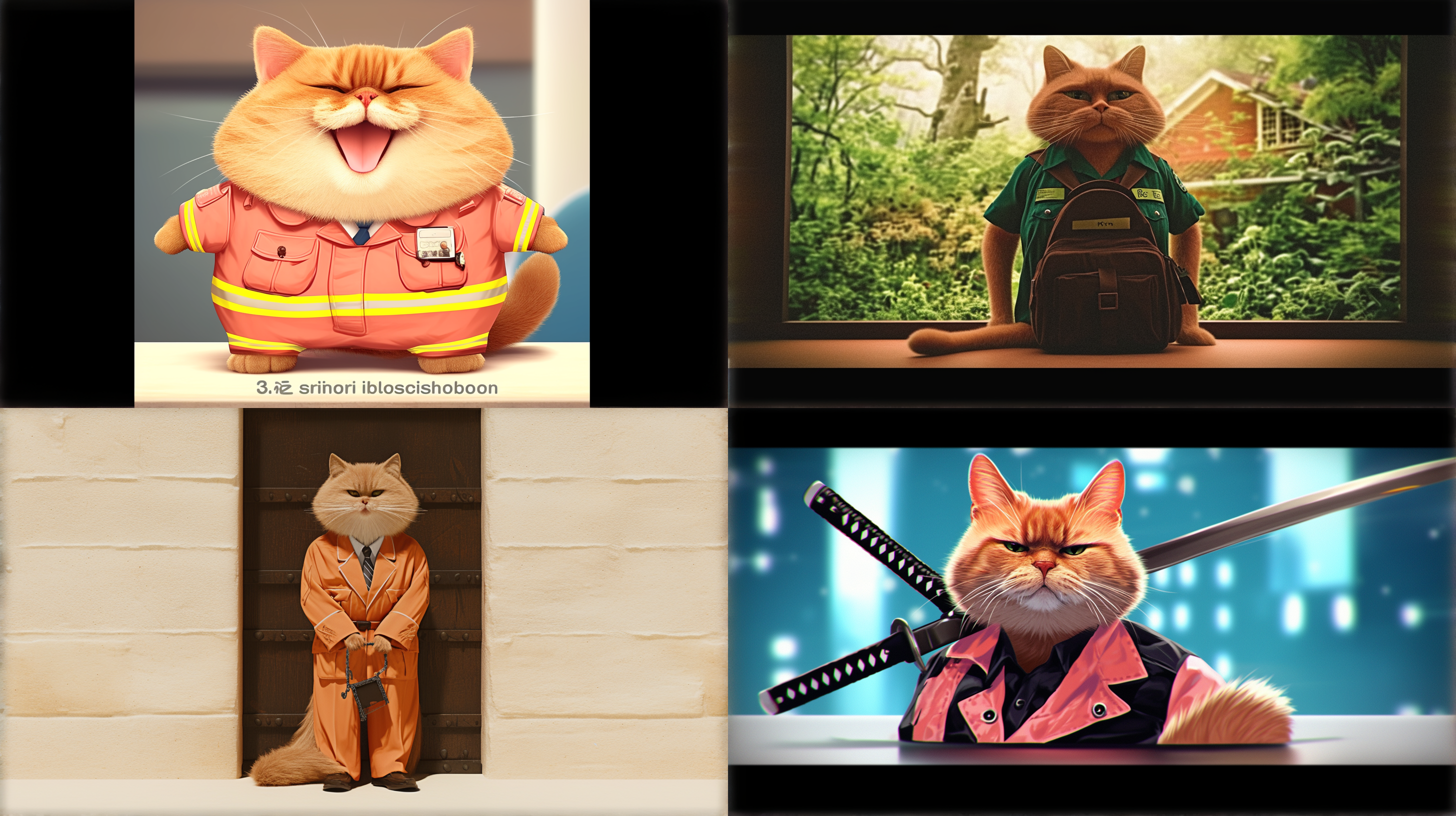 消防局大门外，穿着消防服的橘猫站立。全身照，漫画形象，3d效果，电影画质，明亮环境，长焦镜头，自然光，自信表情，细节丰富，亮色调，活力四溢。 动画艺术 废弃城市群 废墟 全身