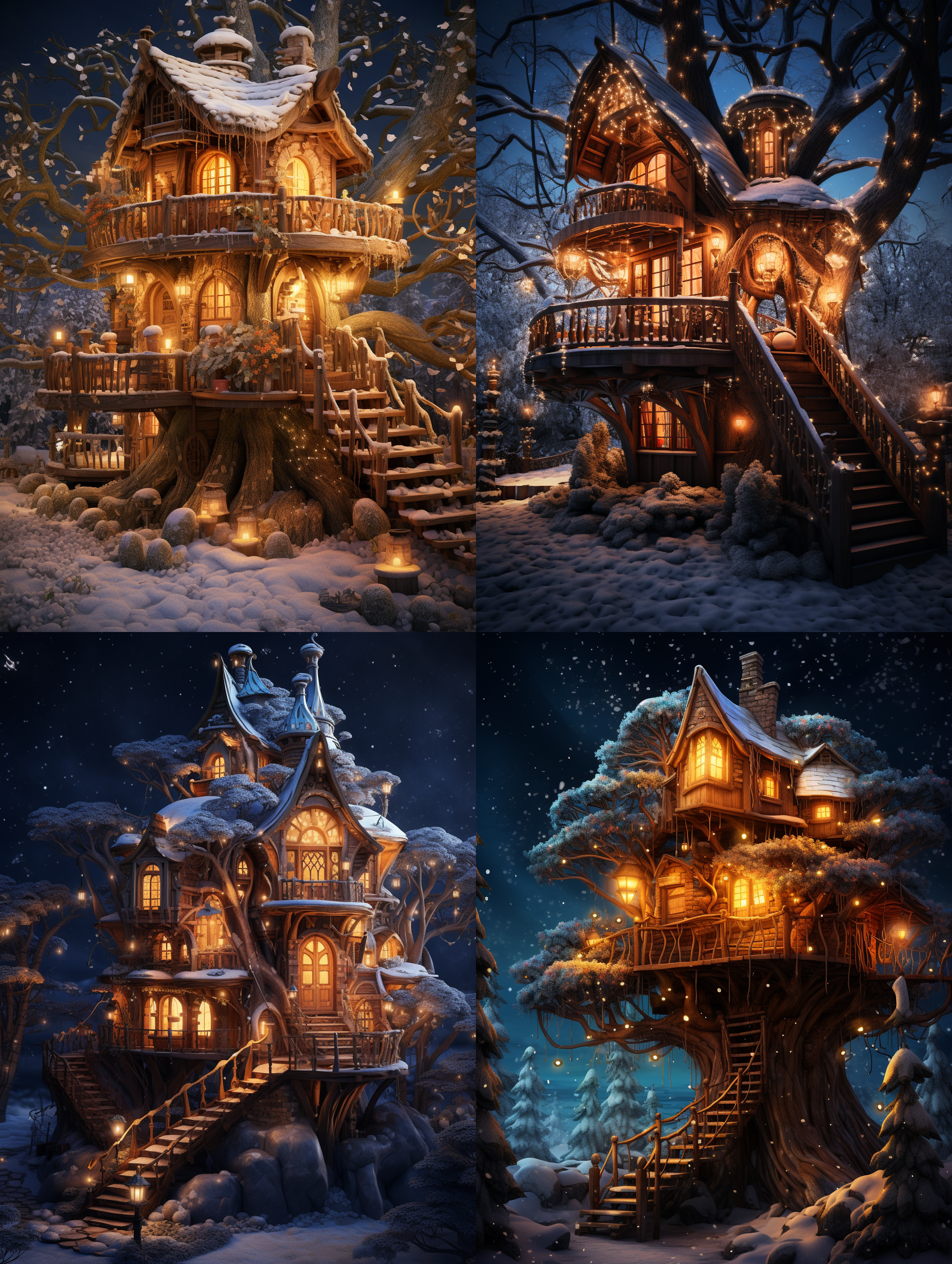 树屋在大雪夜晚，灯光照耀，童话风格，暖色调，中景构图，宽幅镜头，柔和光线，静态，神秘，安静。