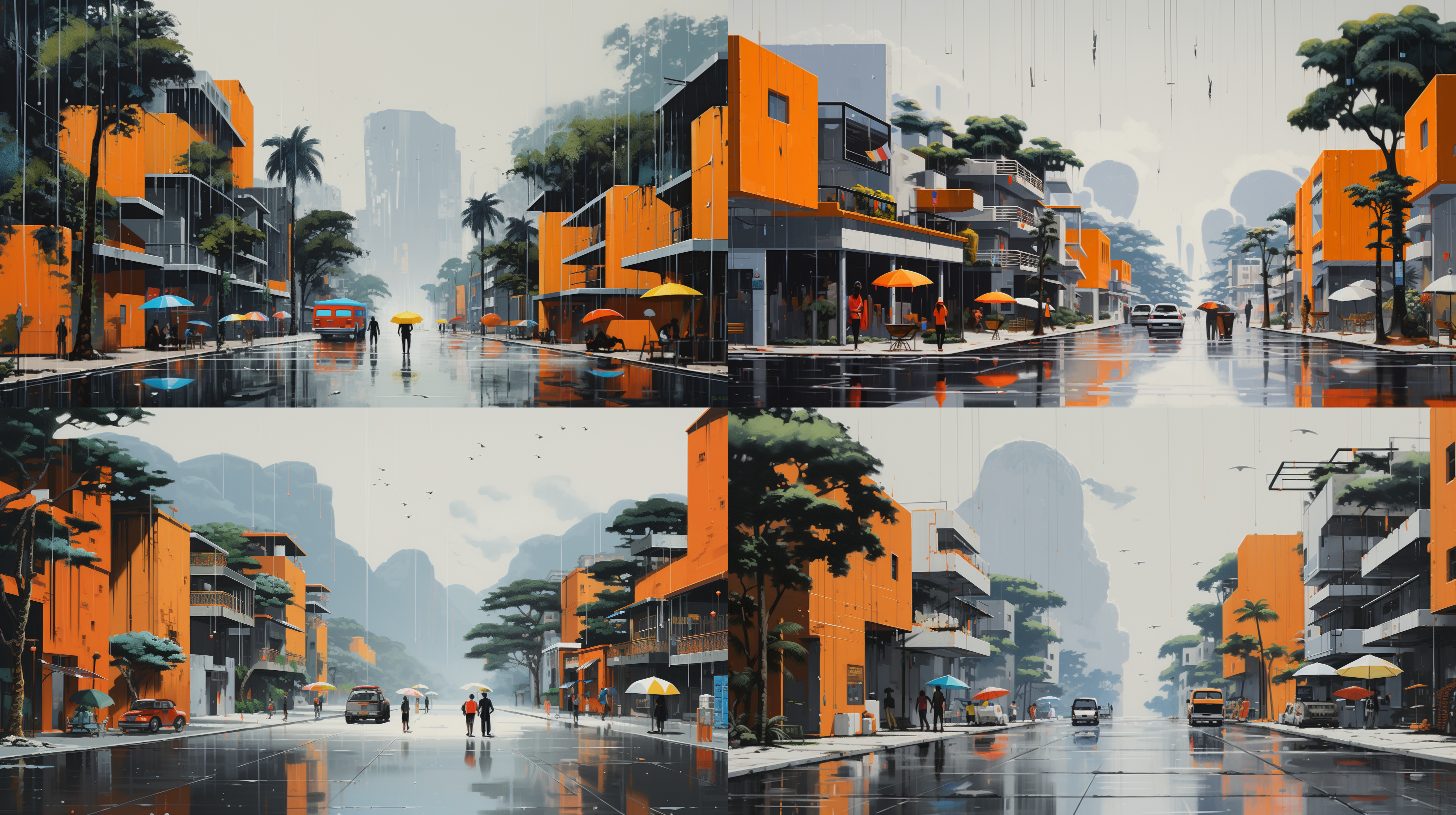 简洁的线条勾勒出商业街景，街道两旁是现代建筑和繁忙的商铺，整体风格极简主义。画面运用了日本禅宗美学，呈现出抽象主义的效果。通过表现主义手法强调人群的拥挤感，乔治·库拉索的色彩运用带来强烈的视觉冲击。画面笔触细腻而有力，立体感十足。画面清晰细节丰富，32k的分辨率让每个细节都栩栩如生。人群在潮湿黑暗的地面上行走，商队迁移，营造出一种紧张的氛围。