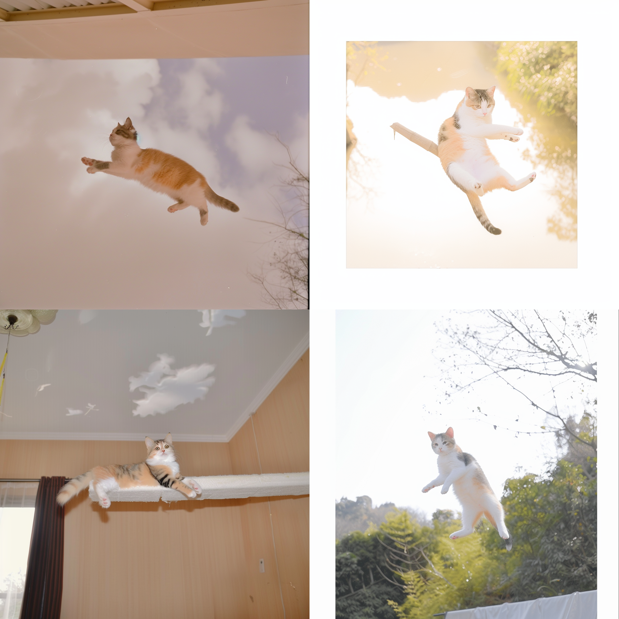 小猫玩耍在白色背景下，毛茸茸的黄色花纹清晰可见，仿佛是一幅油画。温暖色调，柔和光线，俯视角度，静态，可爱。 动画艺术