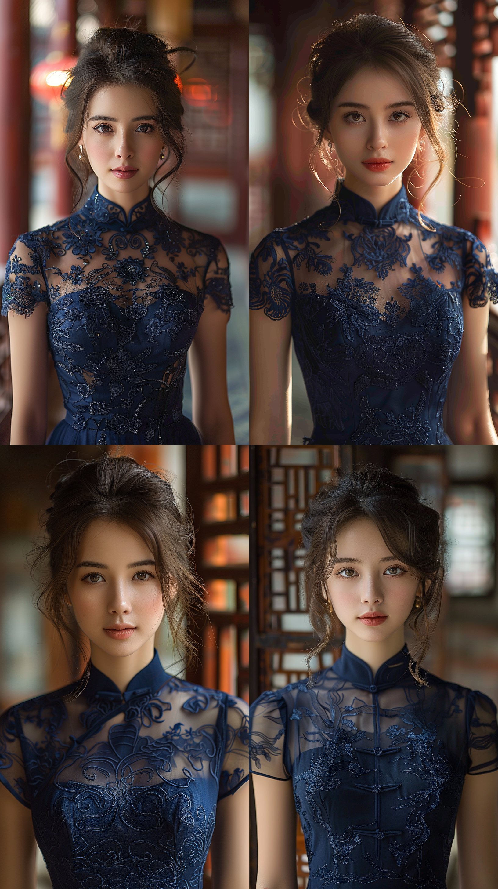 服装秀，中国女孩，20岁，端庄，高雅，藏青色旗袍，室外，红砖墙古建筑，柔和光线