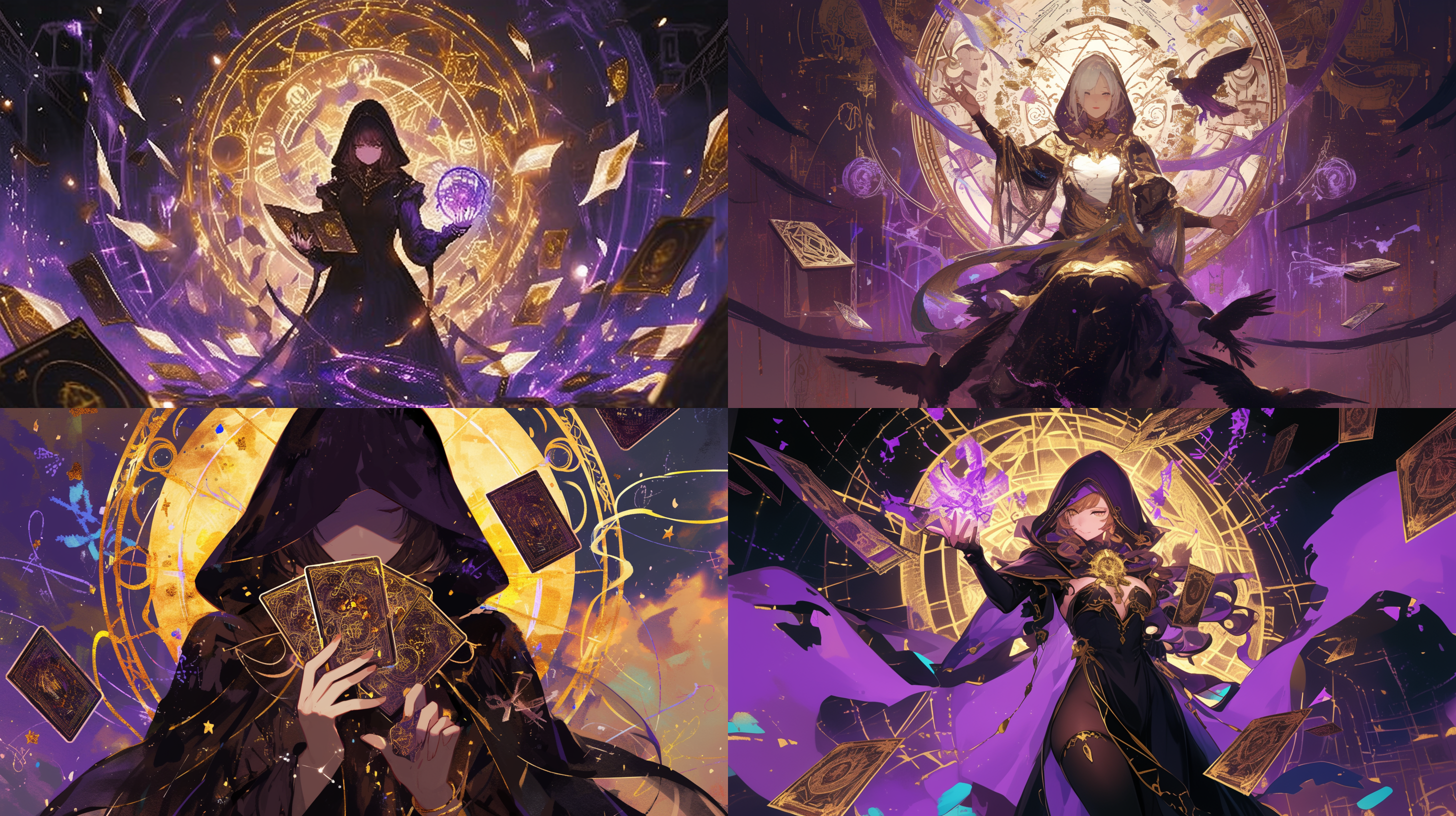 头戴兜帽的女占仆师，手拿塔罗牌。脚下出现紫色与金色相交的魔法阵，周围有魔法符号悬浮，能量展现，古老文字