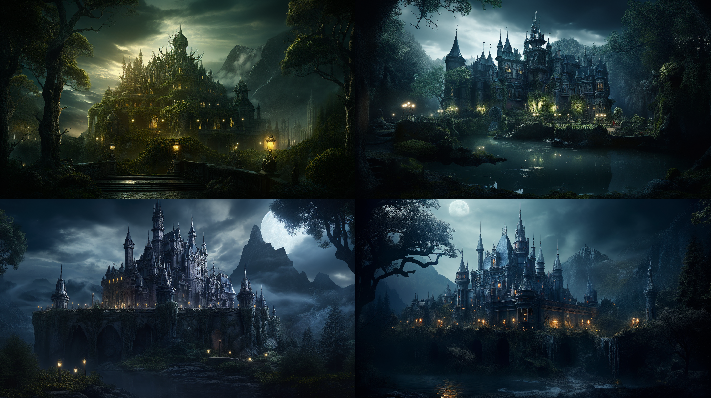 暗黑童话，荒野中苍茫城堡，树林下闪烁的眼眸，月光映照下，有魔法点缀着远方 全景 鬼屋森林 闪光 化学发光 洛可可