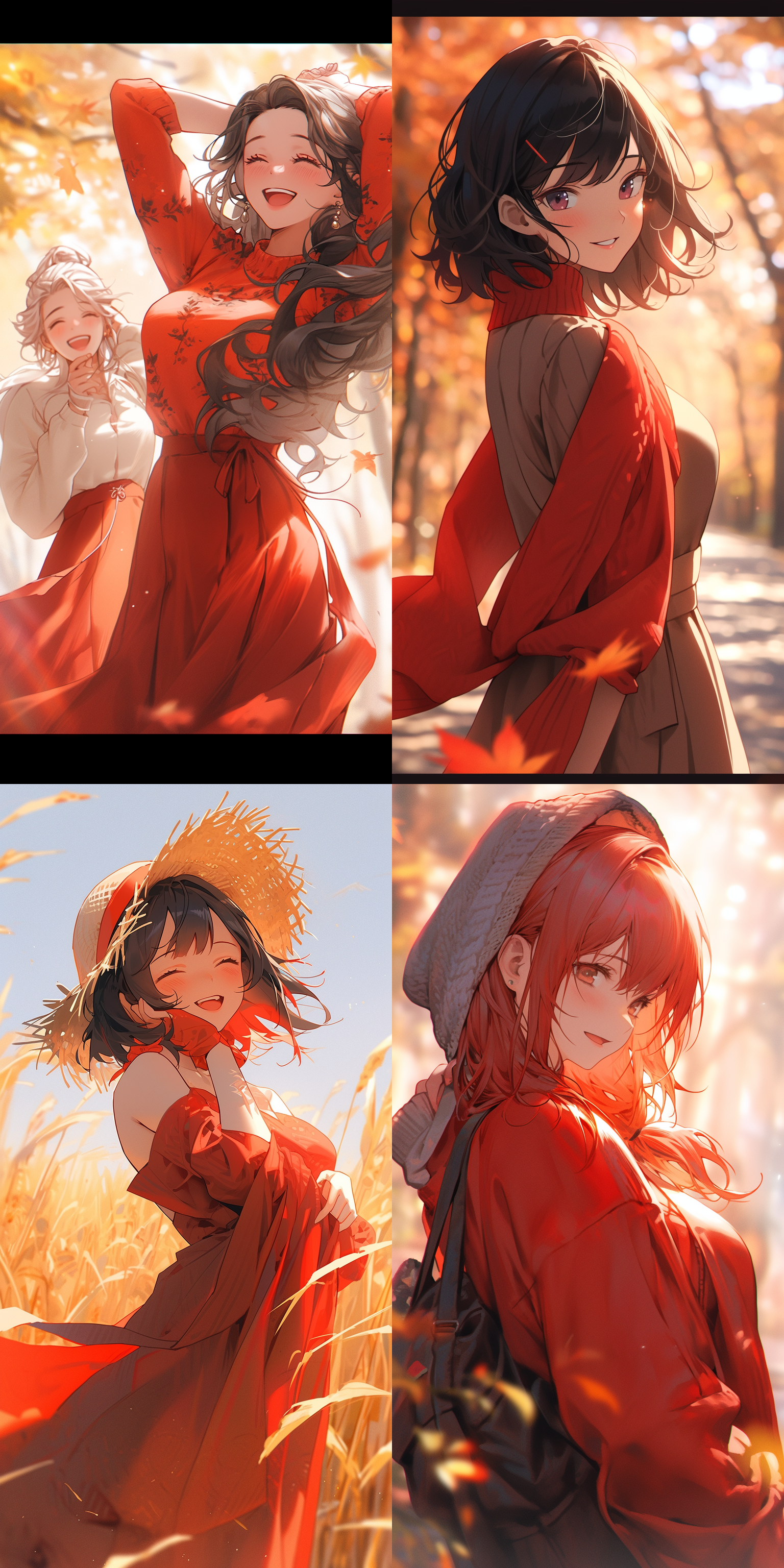 美女微笑，户外风光，温暖色调，长焦镜头，柔和侧光，自然动作，自然元素，红色服装，温馨，喜悦。