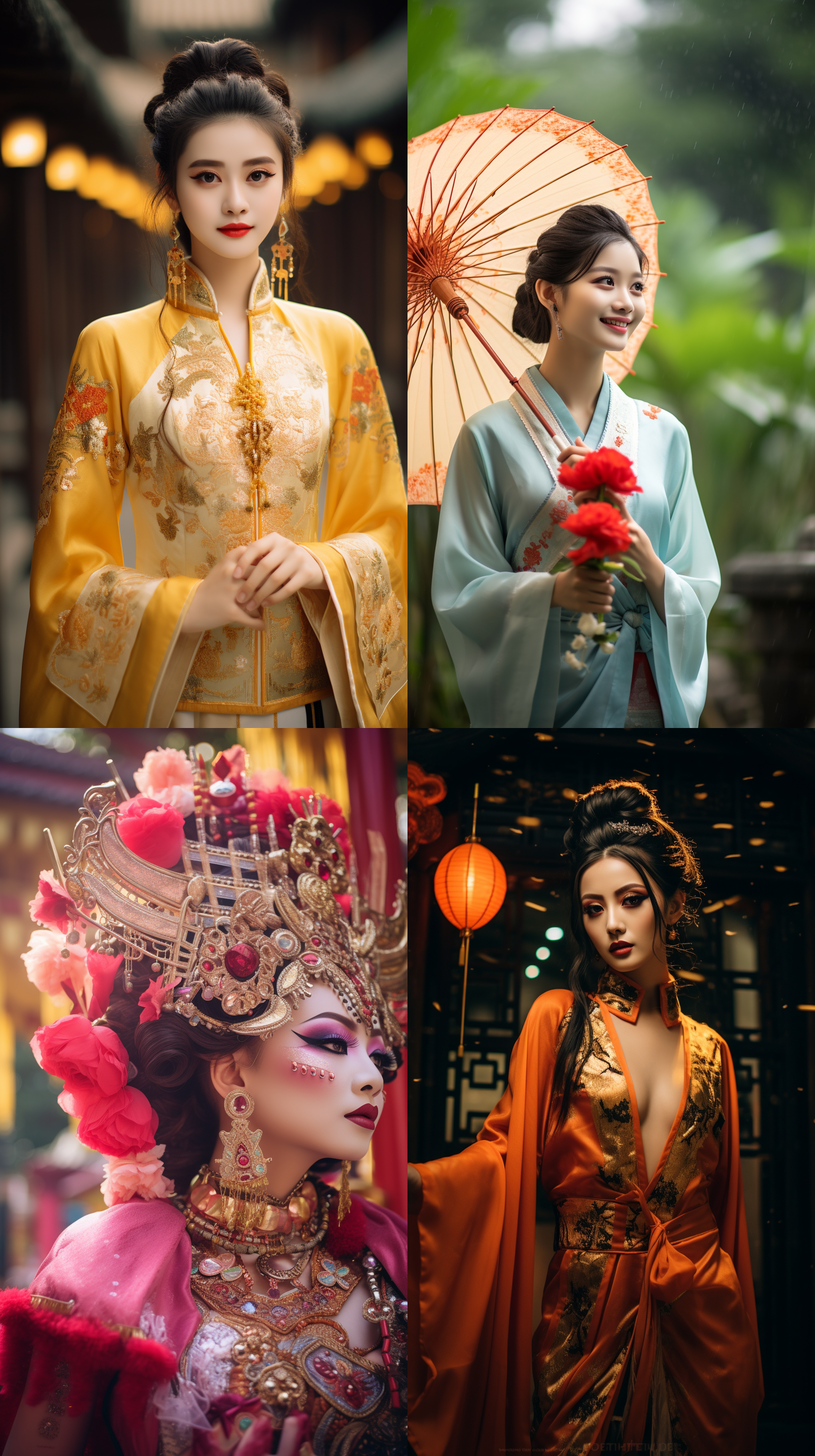 室外拍摄，明亮色调，中国模特穿着古典服装，侧面肖像，柔和光线，中焦镜头，微笑表情
