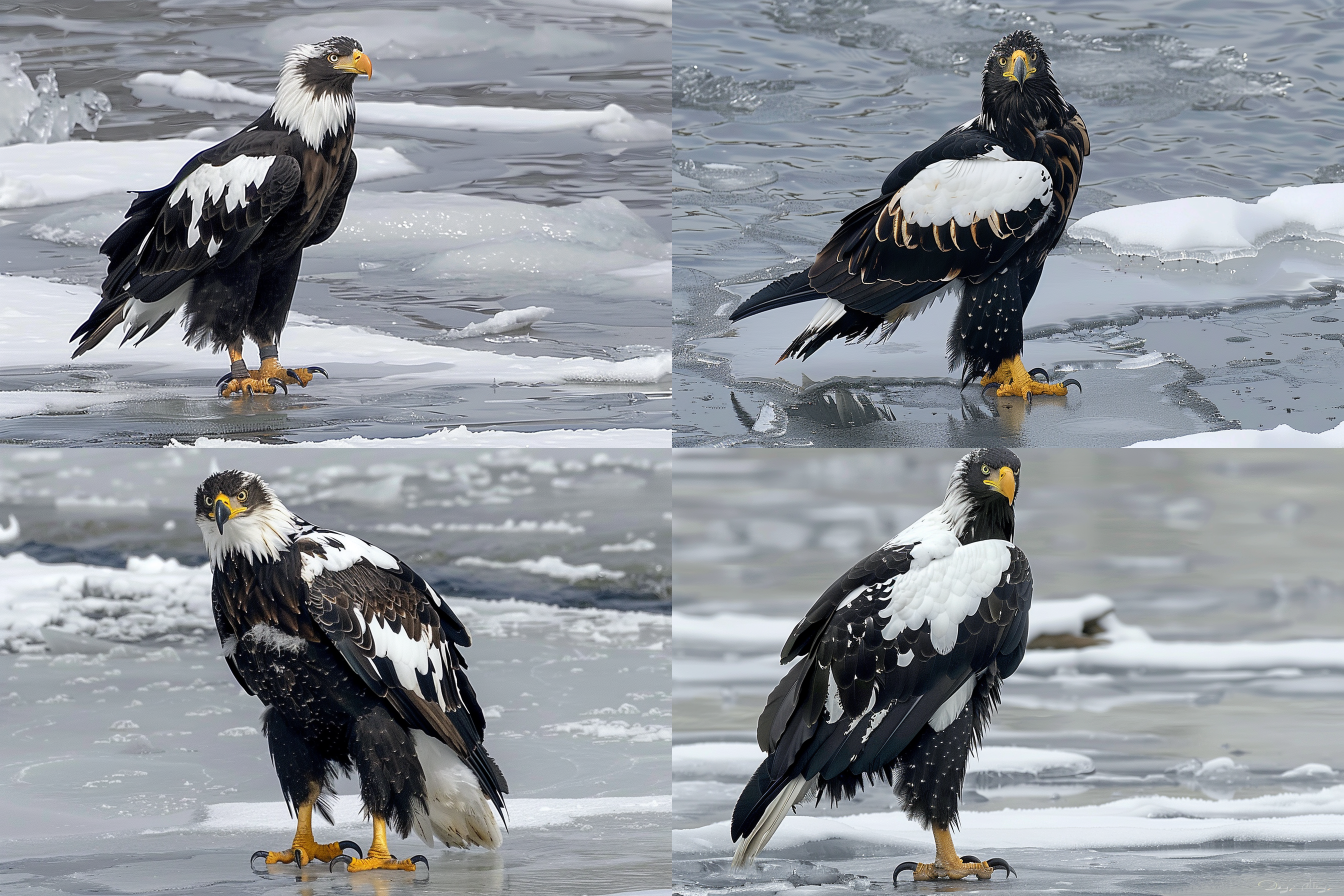 虎头海雕站在冰冻的河面上，回头凝视远方，羽毛细节清晰，冰面反射光影，蓝色调，长焦镜头，自然光，静态，威严。森林环境光