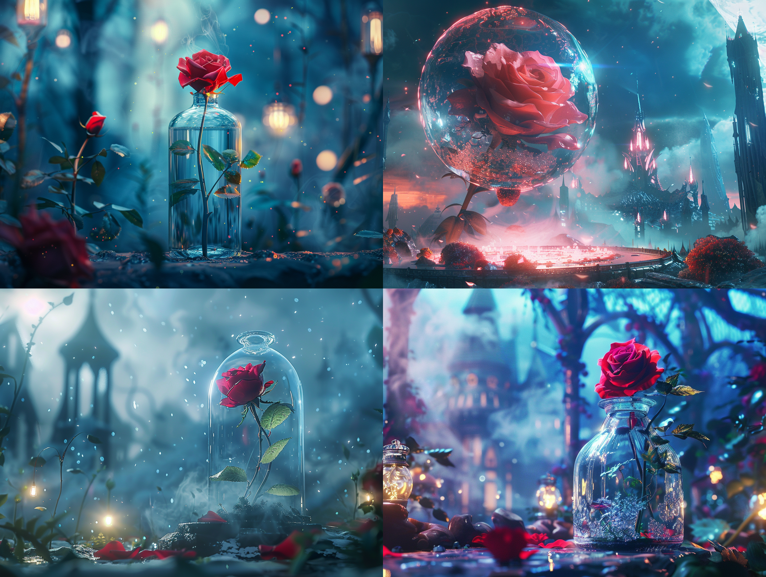 一个全景天空花园玫瑰世界在一个异形的透明玻璃瓶里，城堡，玫瑰，花瓣飞舞，浪漫，梦幻，格莱柯斯基，夜晚，红玫瑰亭，艺术站趋势，明亮的灯光，烟雾，木材支撑。ue4，高清，照明，冬季，auv,4k，高清…高清。