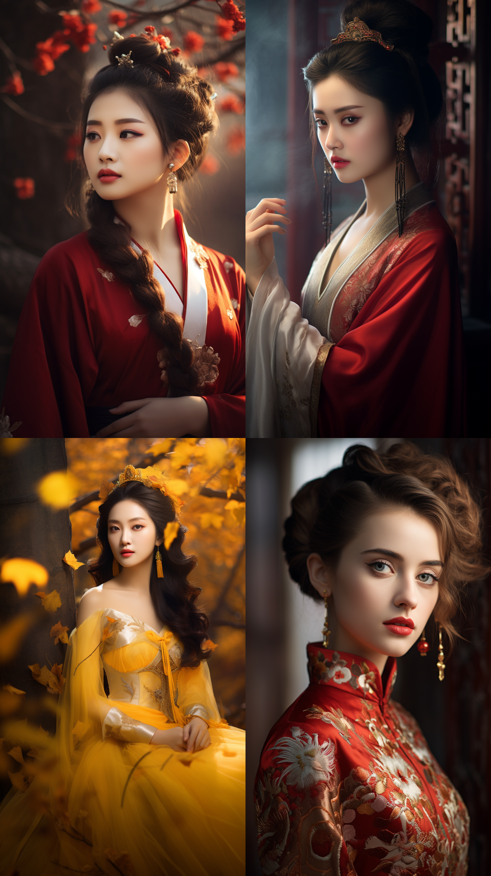 室外拍摄，明亮色调，中国模特穿着古典服装，侧面肖像，柔和光线，中焦镜头，端庄表情，优雅动作，传统元素，油画效果，温暖情感