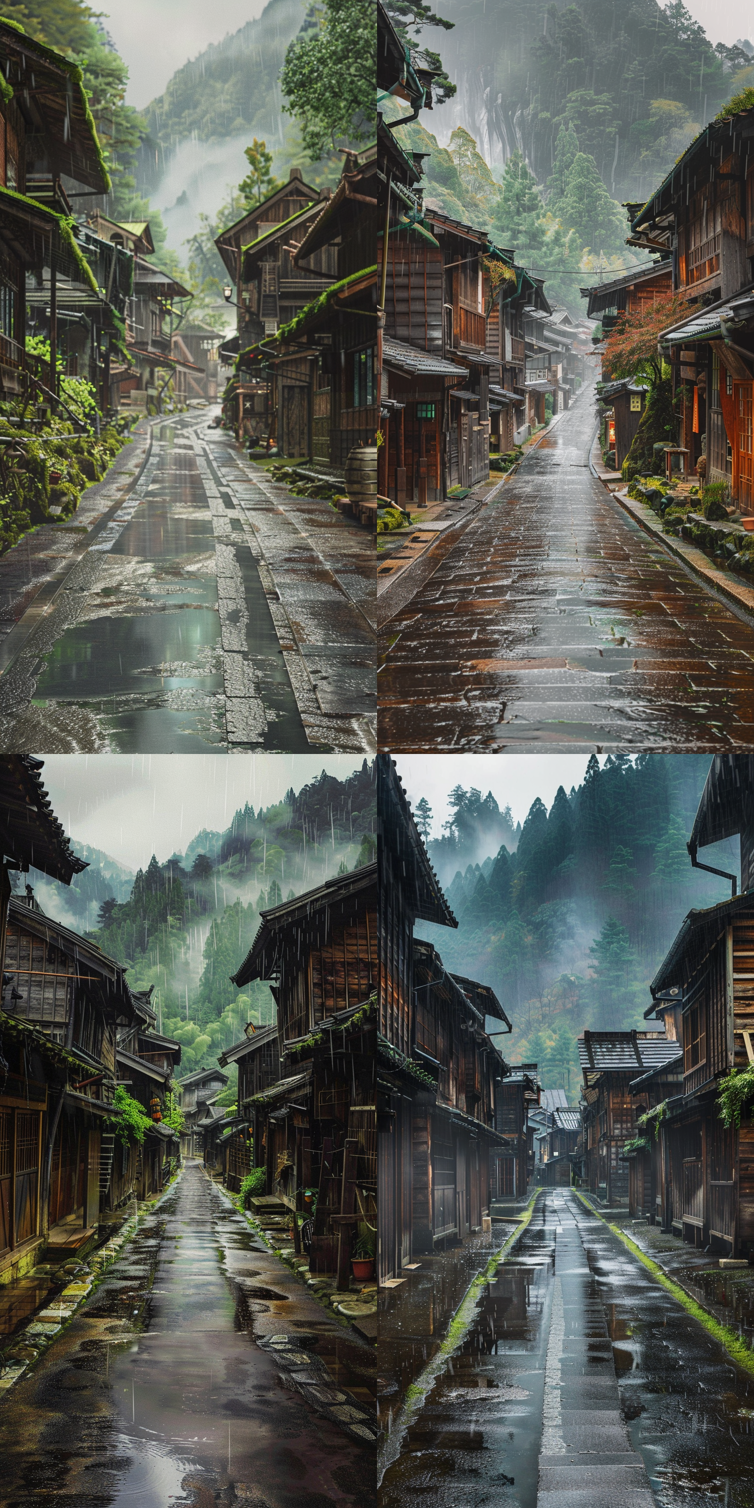 一条古老的长街，两傍是木屋，下着雨，街上长了一些苔藓