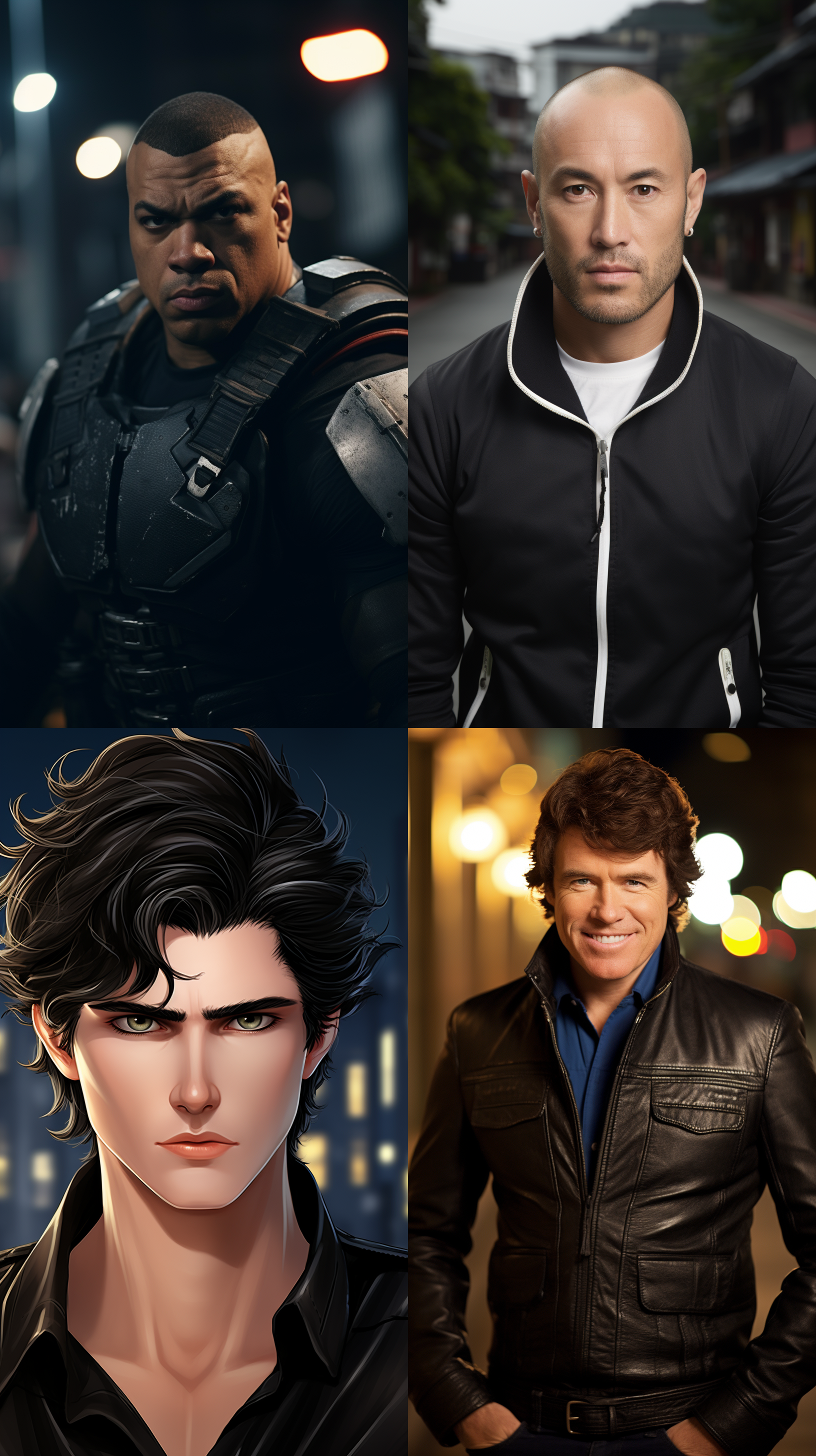 黑色皮衣皮裤的人像，站在城市街道上。背景是高楼大厦和霓虹灯，形成了现代都市的氛围。人物表情冷酷自信，手里拿着一支烟。摄影风格采用高饱和度、高对比度，突出人物的个性和力量感。广角镜头捕捉到周围环境的细节，增强了画面的层次感。黑白色调带来了一种神秘而霸气的感觉。