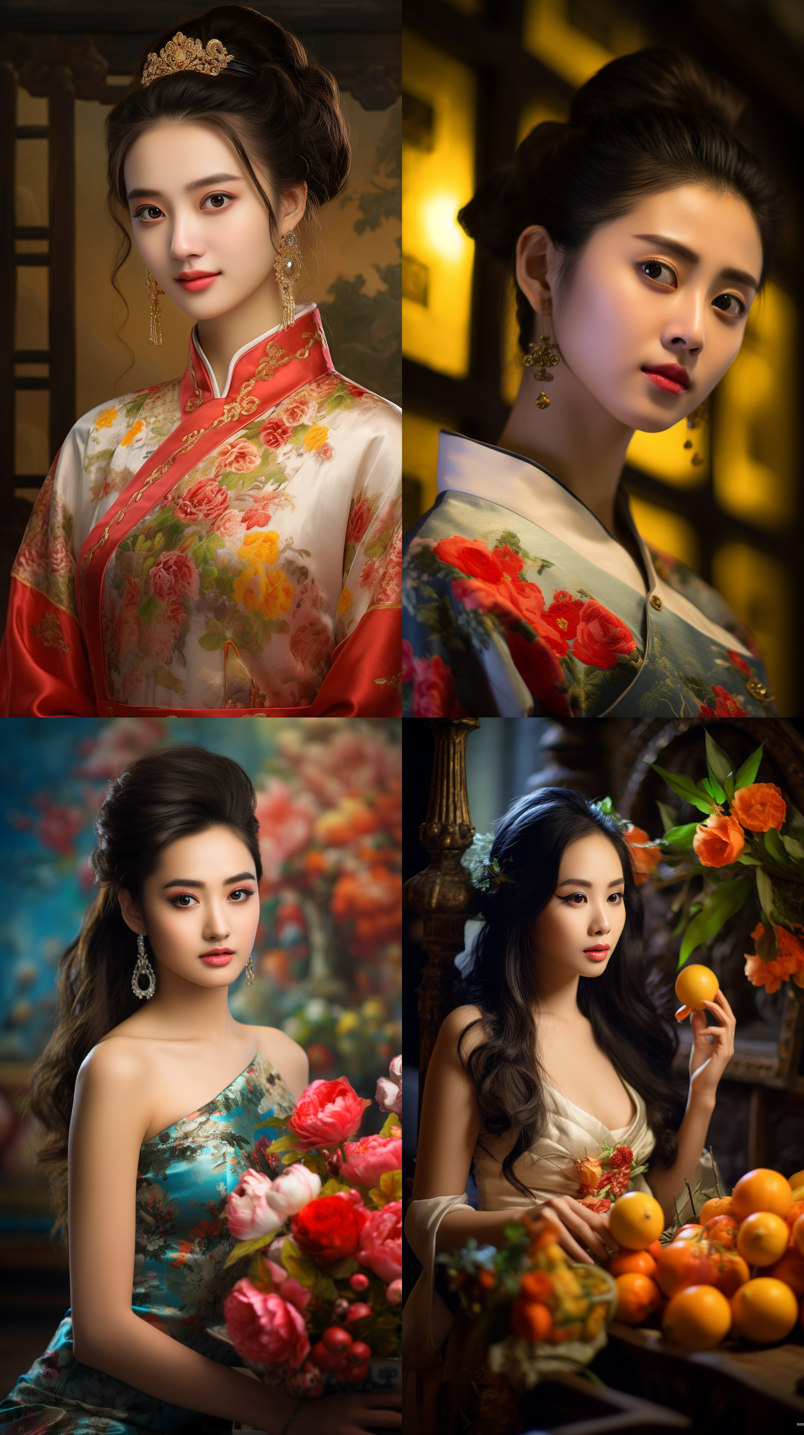 室内拍摄，明亮色调，中国模特穿着古典服装，侧面肖像，柔和光线，中焦镜头，端庄表情，优雅动作，传统元素，油画效果，温暖情感