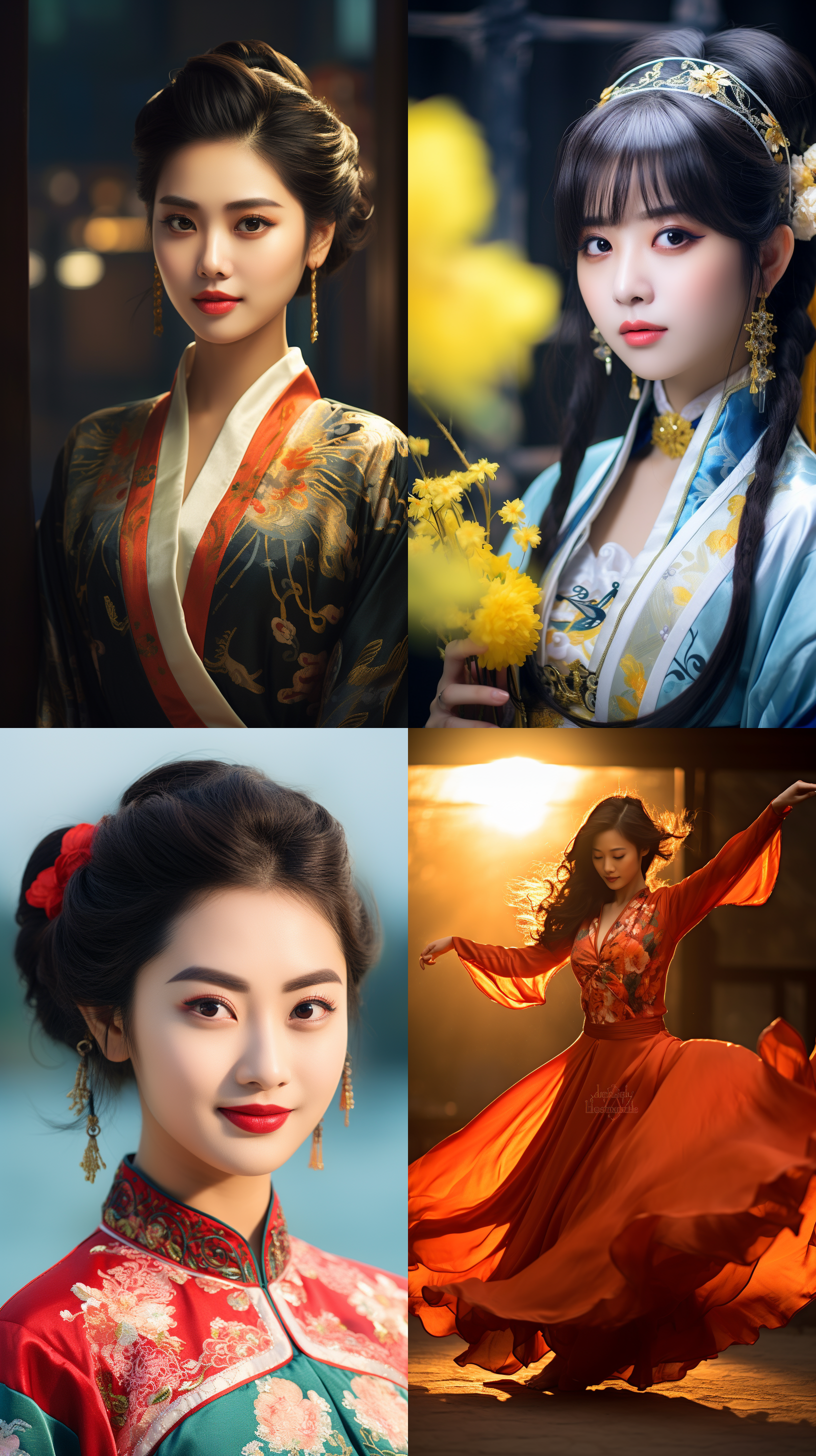 室外拍摄，明亮色调，中国模特穿着古典服装，侧面肖像，柔和光线，中焦镜头，端庄表情，优雅动作，传统元素，油画效果，温暖情感