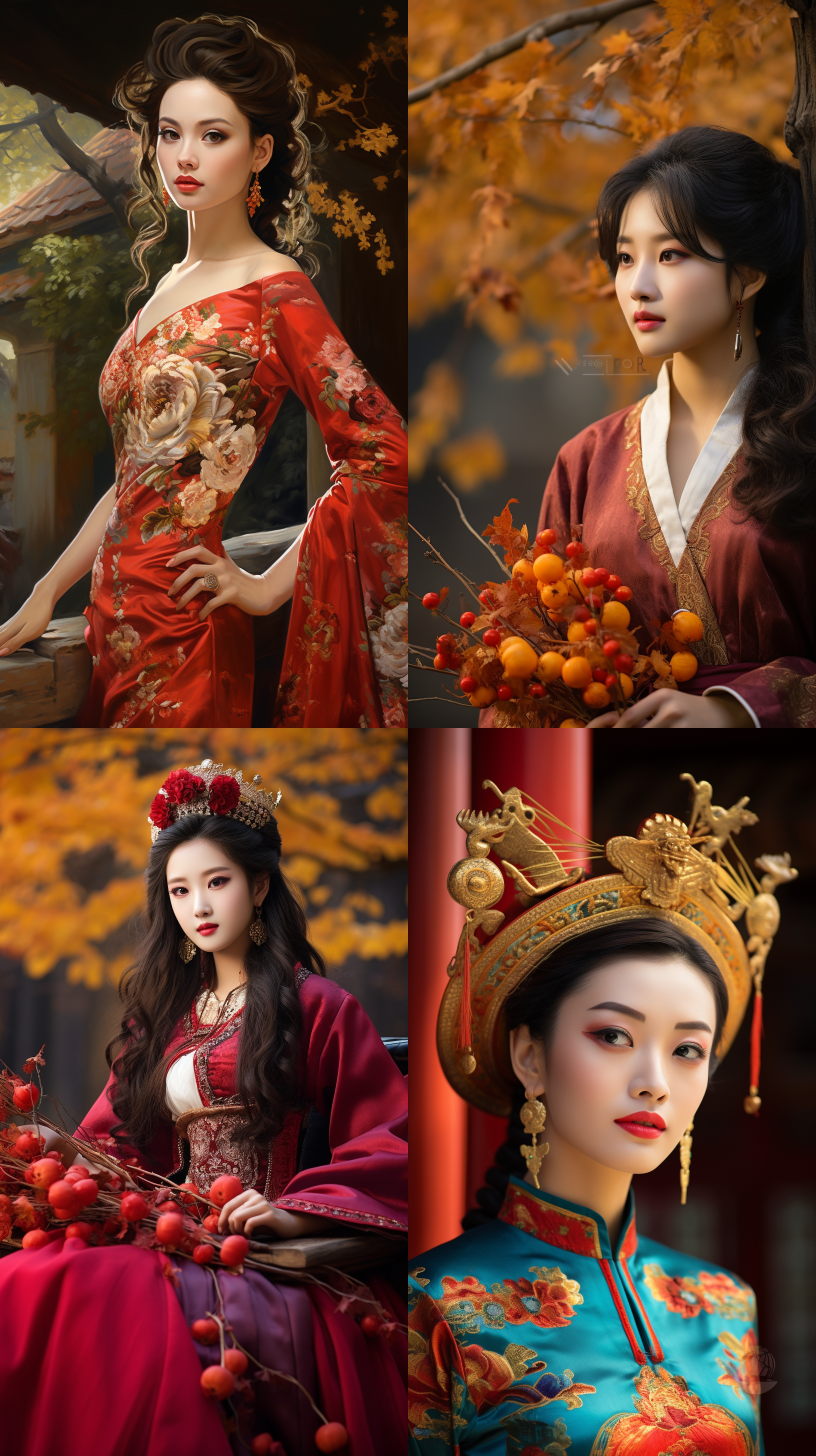 室外拍摄，明亮色调，中国模特穿着古典服装，侧面肖像，柔和光线，中焦镜头，端庄表情，优雅动作，传统元素，油画效果，温暖情感