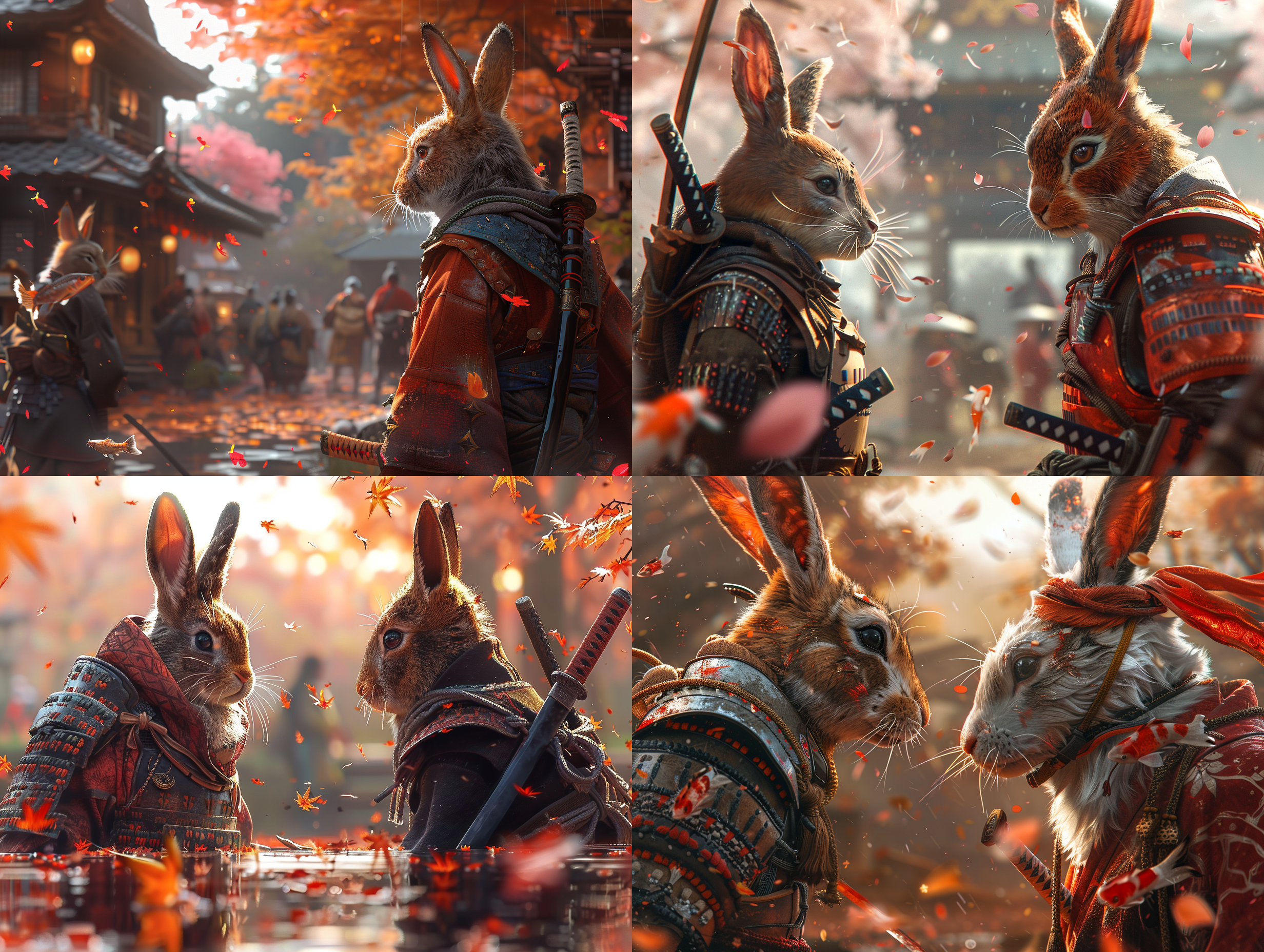 dueling between hare and samurai, sakura garden, swordsmanship, focus, skill, pink petals, koi, pond, warm lights, elegance, action, 3d.