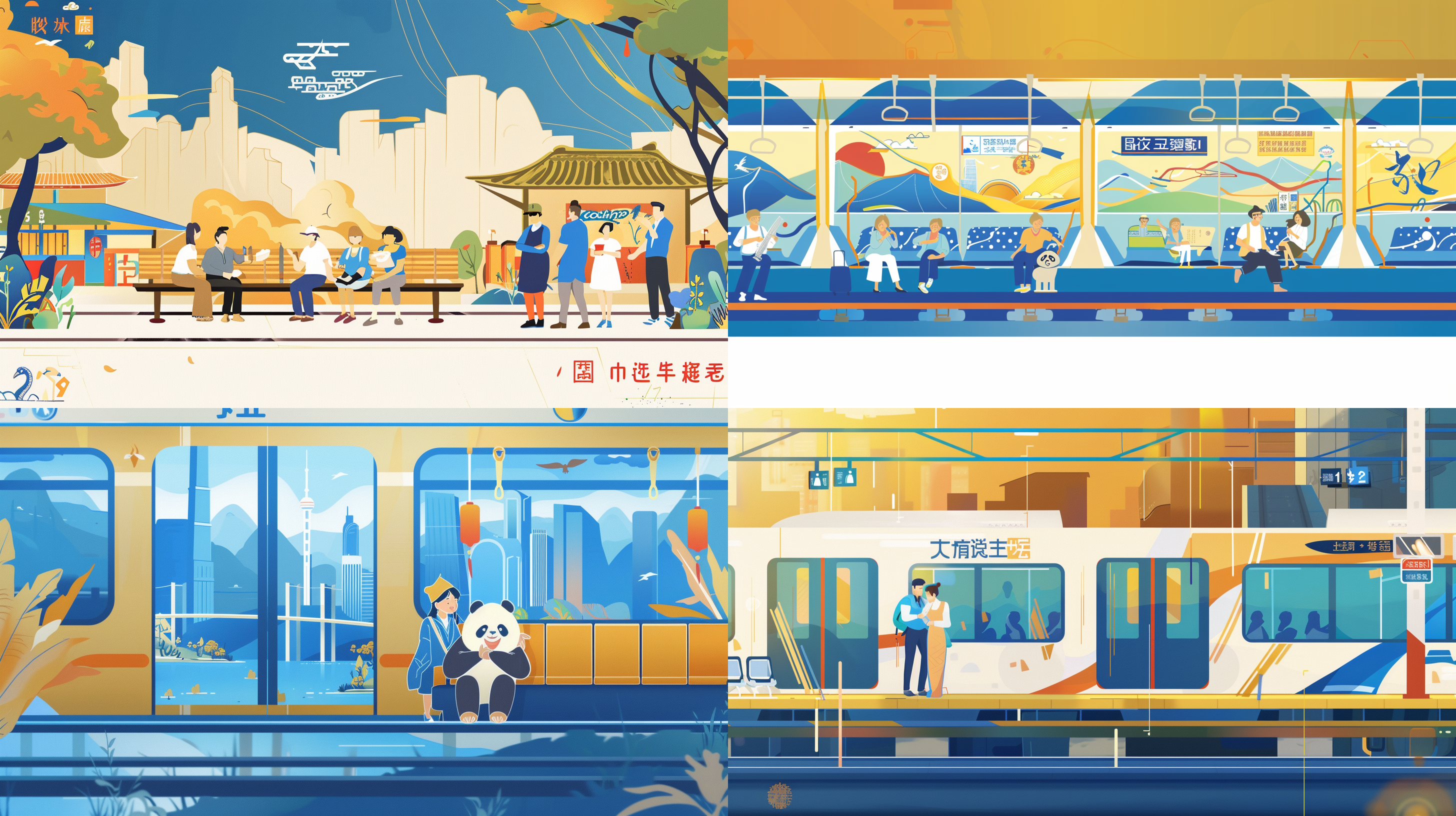 插画，爱心，成都的城市剪影，地铁，轨道，扁平风格，熊猫，温馨画面，笑得开朗，扶老奶奶，欢快的动作，幸福的表情，轻松愉快。