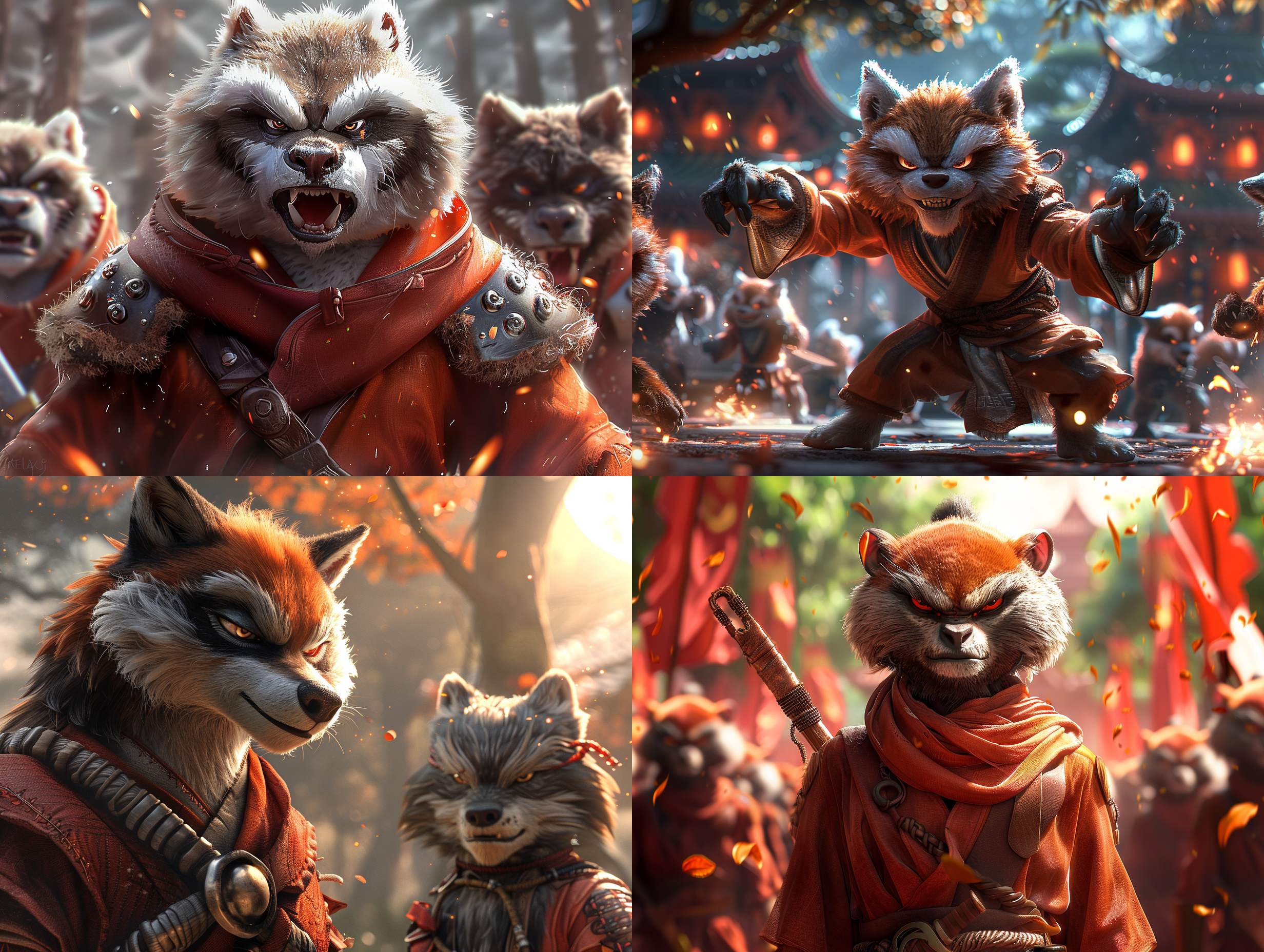 猴子战士在战斗与邪恶的狼，激烈和激烈的表情，战斗在黑暗和茂密的森林中，与古老的树木高耸的开销，在星光灿烂的天空下，动态和戏剧性的构图捕捉战斗中的行动，以详细和现实的风格说明。3d