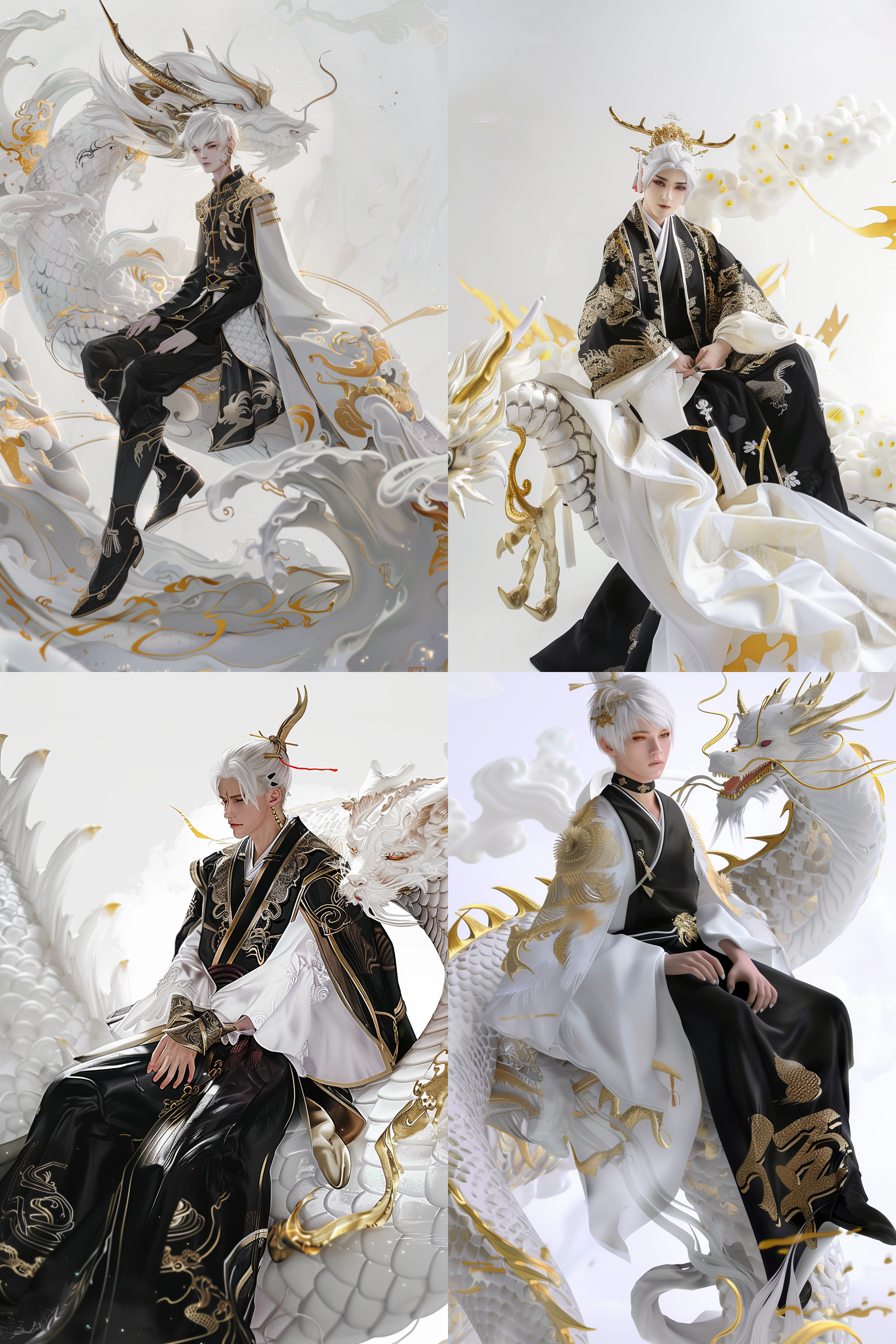 一个人坐在一条白龙上。那个男人穿着黑白相间的汉服。衣服用金色装饰，白色短发，龙角金黄色，白色背景，金色祥云，8k，极高分辨率