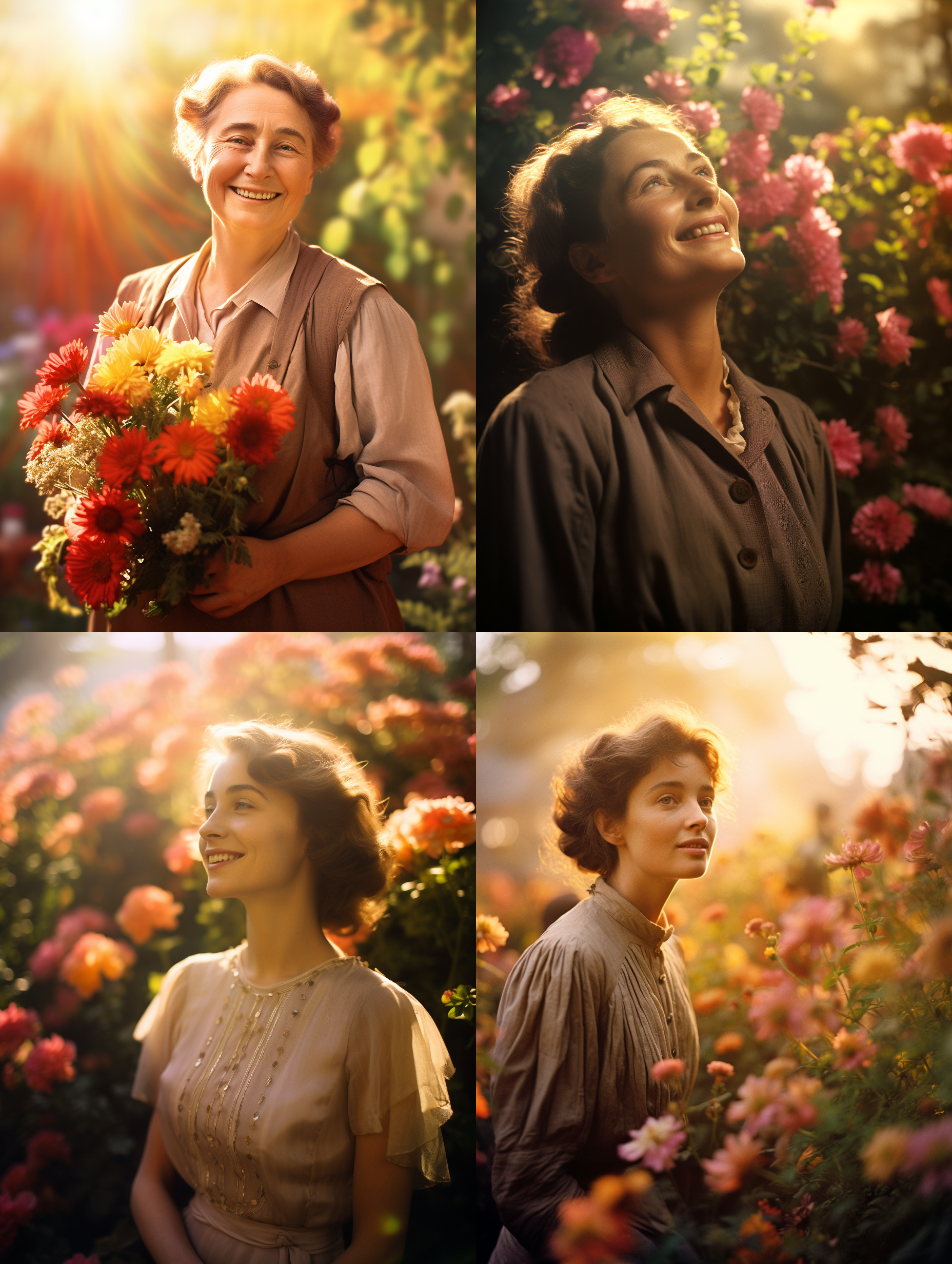 helen keller, standing in a blooming garden, facing the sun with a radiant smile. soft focus background, warm tones, natural light, medium shot, joyful expression, colorful flowers, inspirational.