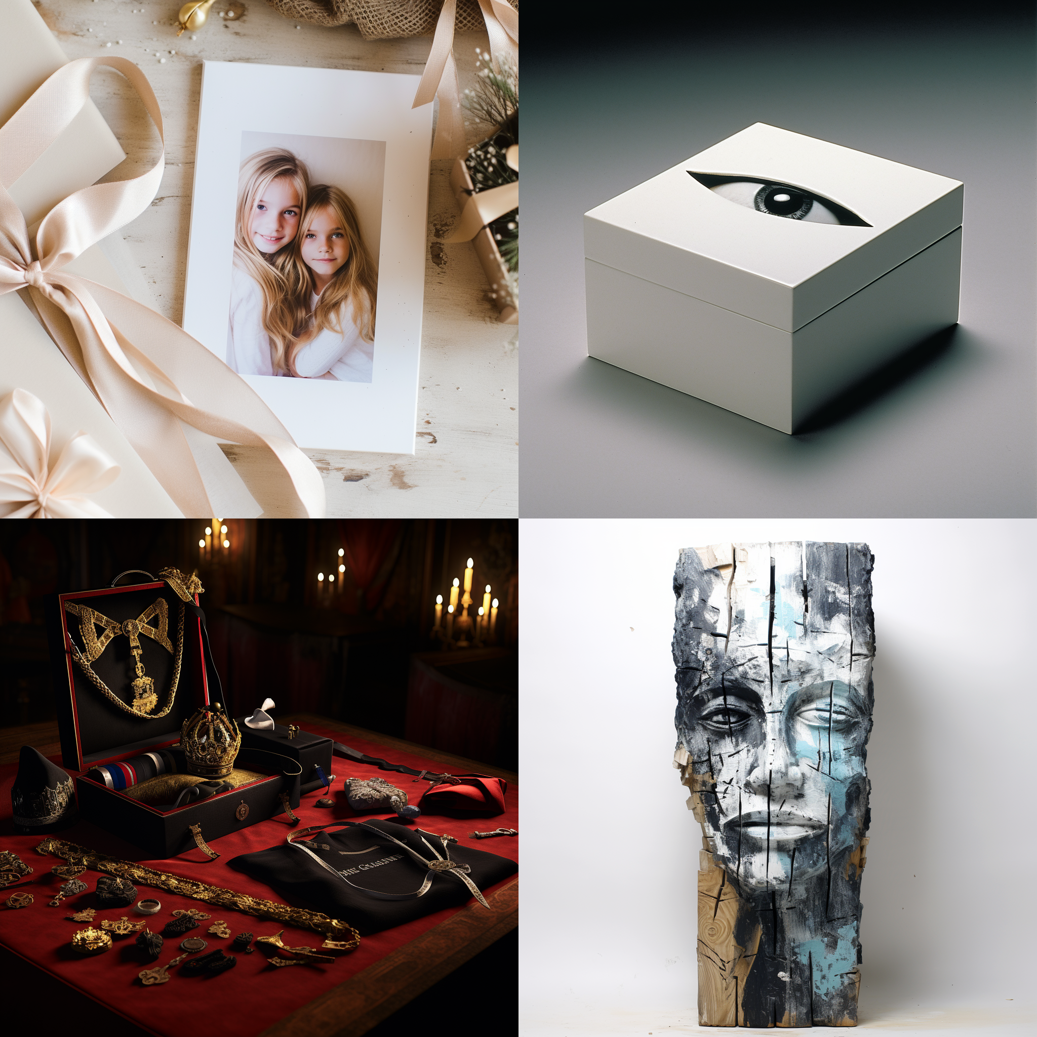 精美盒子，盒子表面为人像图片，白色桌面，白布