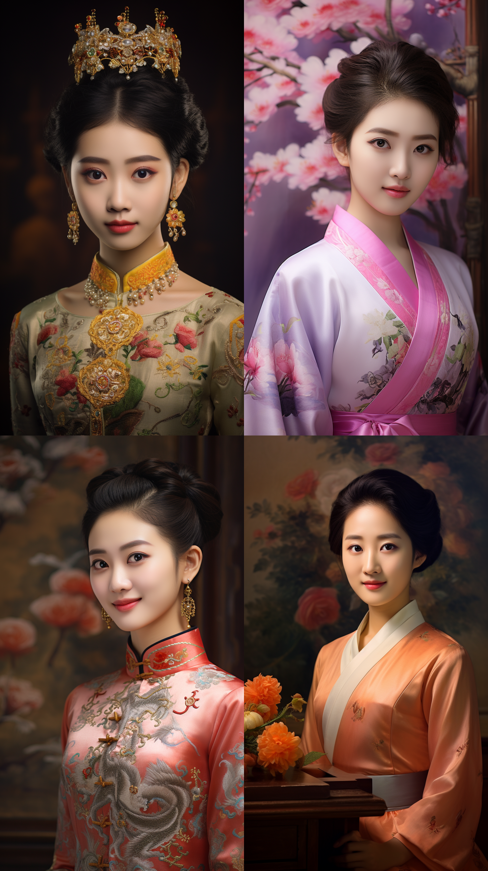 室内拍摄，明亮色调，中国模特穿着古典服装，侧面肖像，柔和光线，中焦镜头，端庄表情，优雅动作，传统元素，油画效果，温暖情感