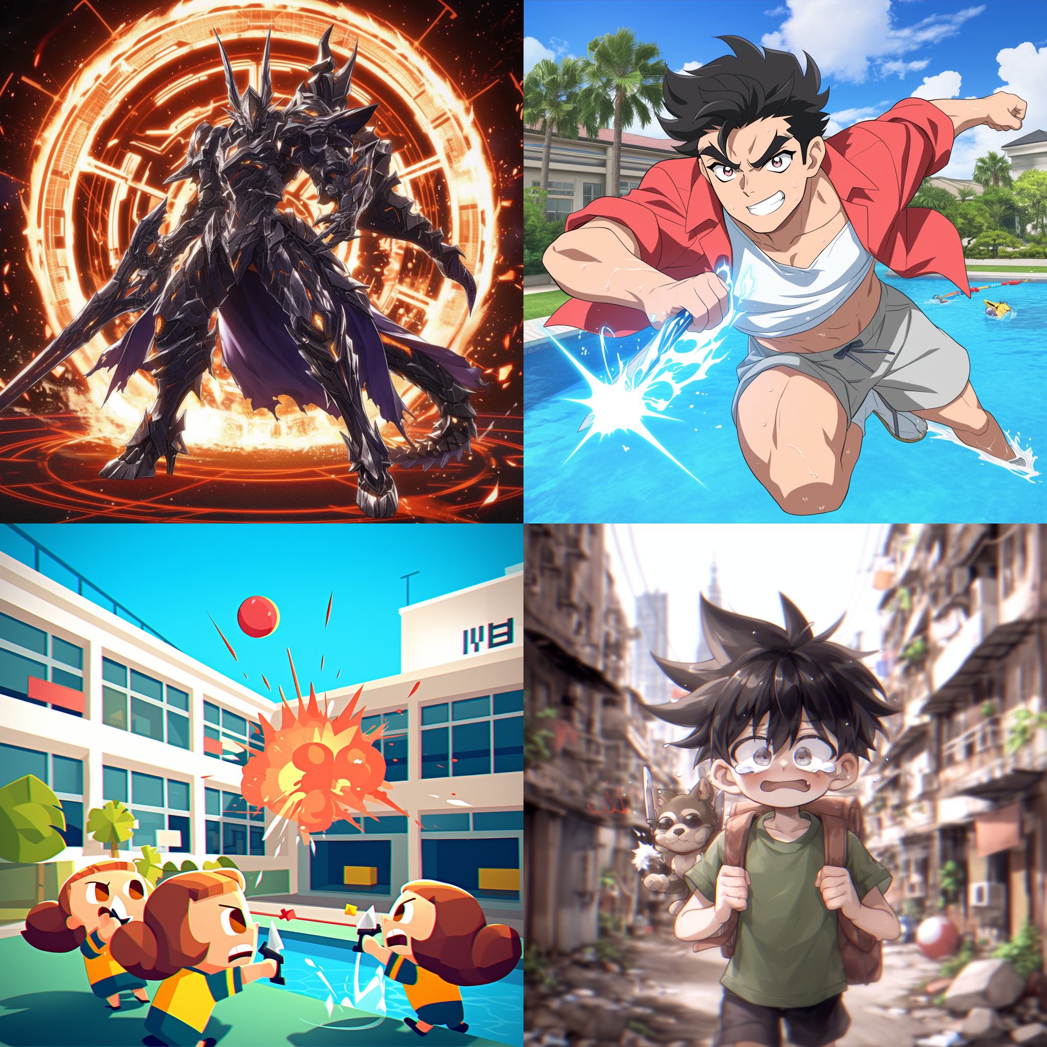 火灾爆炸，游泳池水花四溅，火星红光，晴天，蜡笔小新哪吒拿屠龙刀打哥斯拉，动感构图，高饱和度，特写镜头，水中行动，剧烈动作，戏剧性，冒险，紧张。