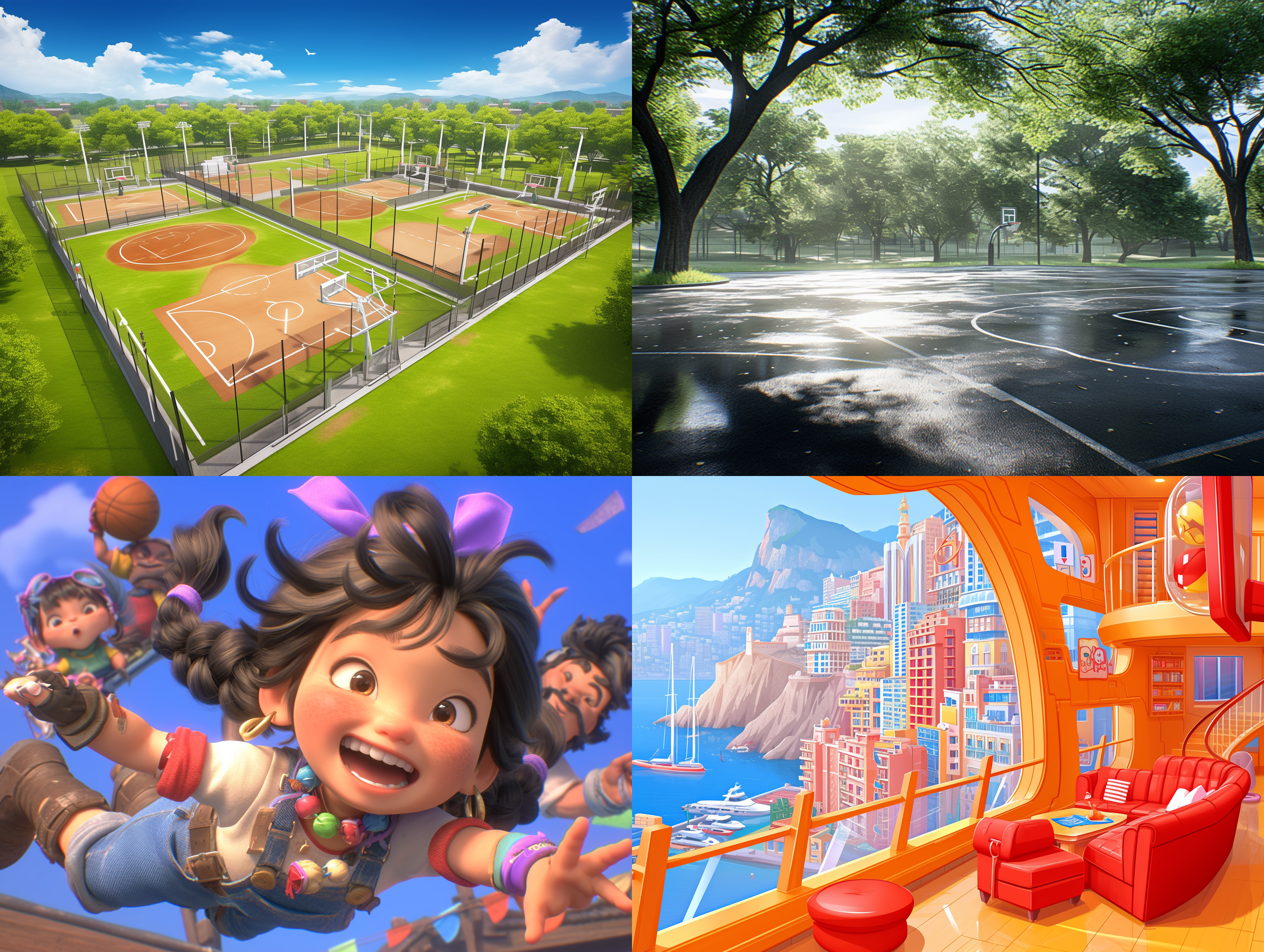 孩子悟空扣篮，低角度，蓝天下的篮球场，3d概念，光滑橡胶地面，虚幻引擎5渲染，皮肤次表面散射，高采样，高像素，极致面部细节，aaa级别，商业后期制作，光泽效果，电影级灯光，屏幕空间gi，光线追踪gi漫反射，发光，阴影，粗糙度，光线追踪反射，流明反射，鸟山明风格，快门速度1/1000，32k f/22，32k，超高分辨率