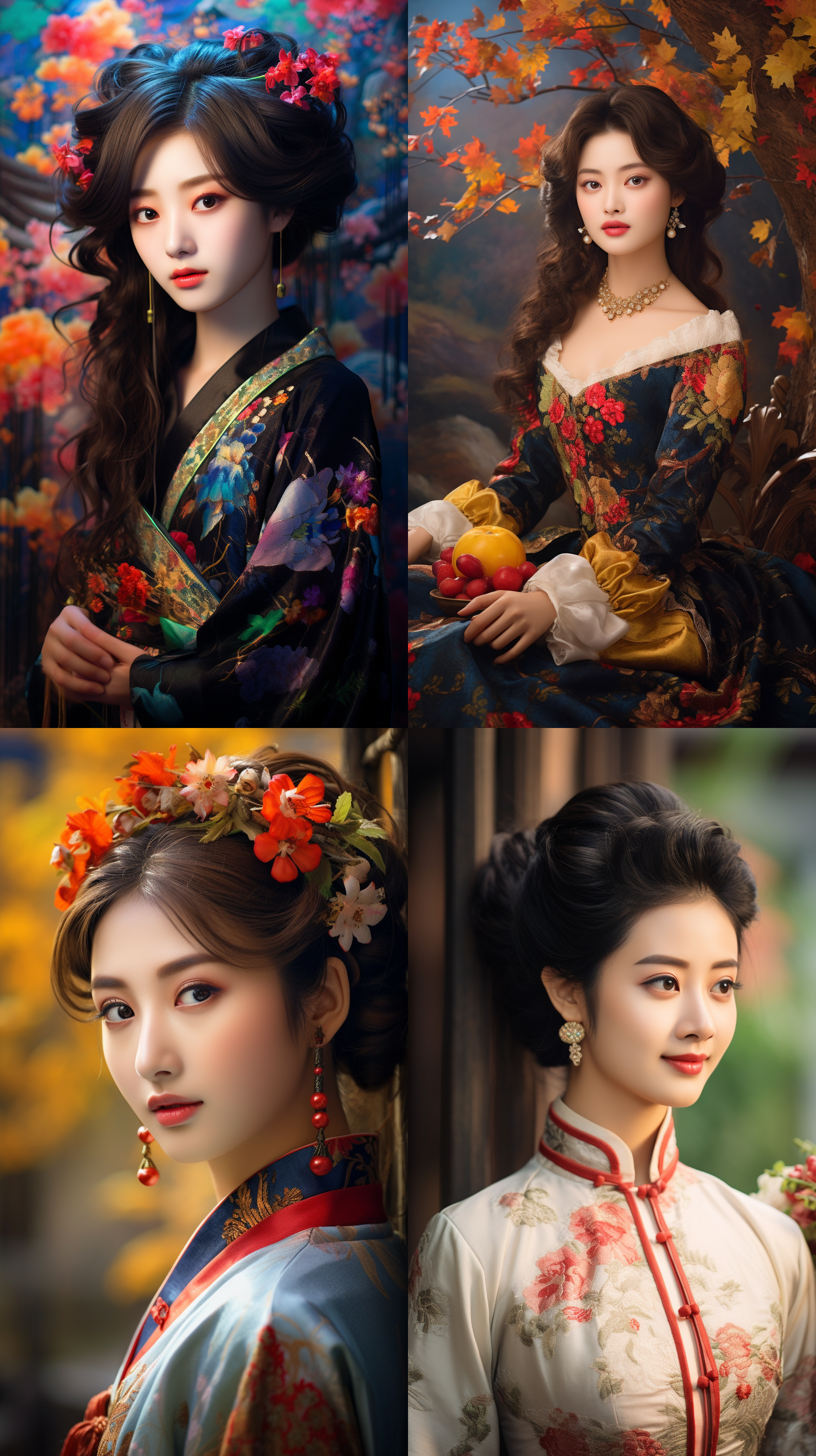 室外拍摄，明亮色调，中国模特穿着古典服装，侧面肖像，柔和光线，中焦镜头，端庄表情，优雅动作，传统元素，油画效果，温暖情感