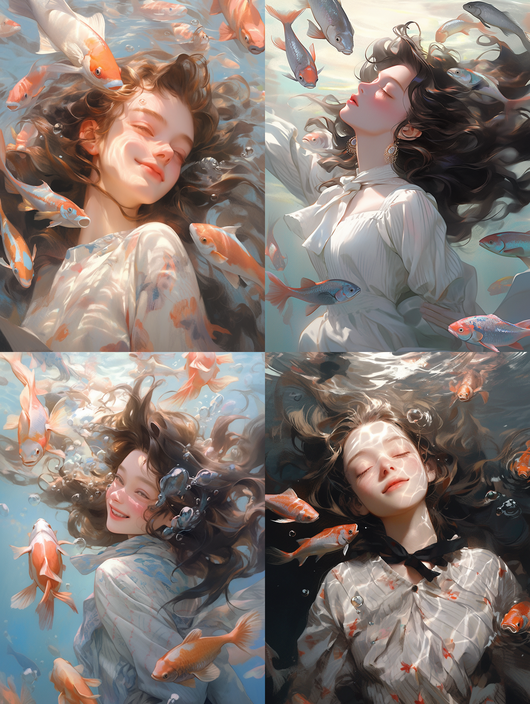 美丽的女孩，在水下，快乐的笑，很多鱼，洛可可风格，文艺复兴，古典主义，油画，手绘，印象派，色彩，优雅动作，近景，水下拍摄，鱼群环绕，明亮照明，娇柔造型，水中浮动，欢快情绪。