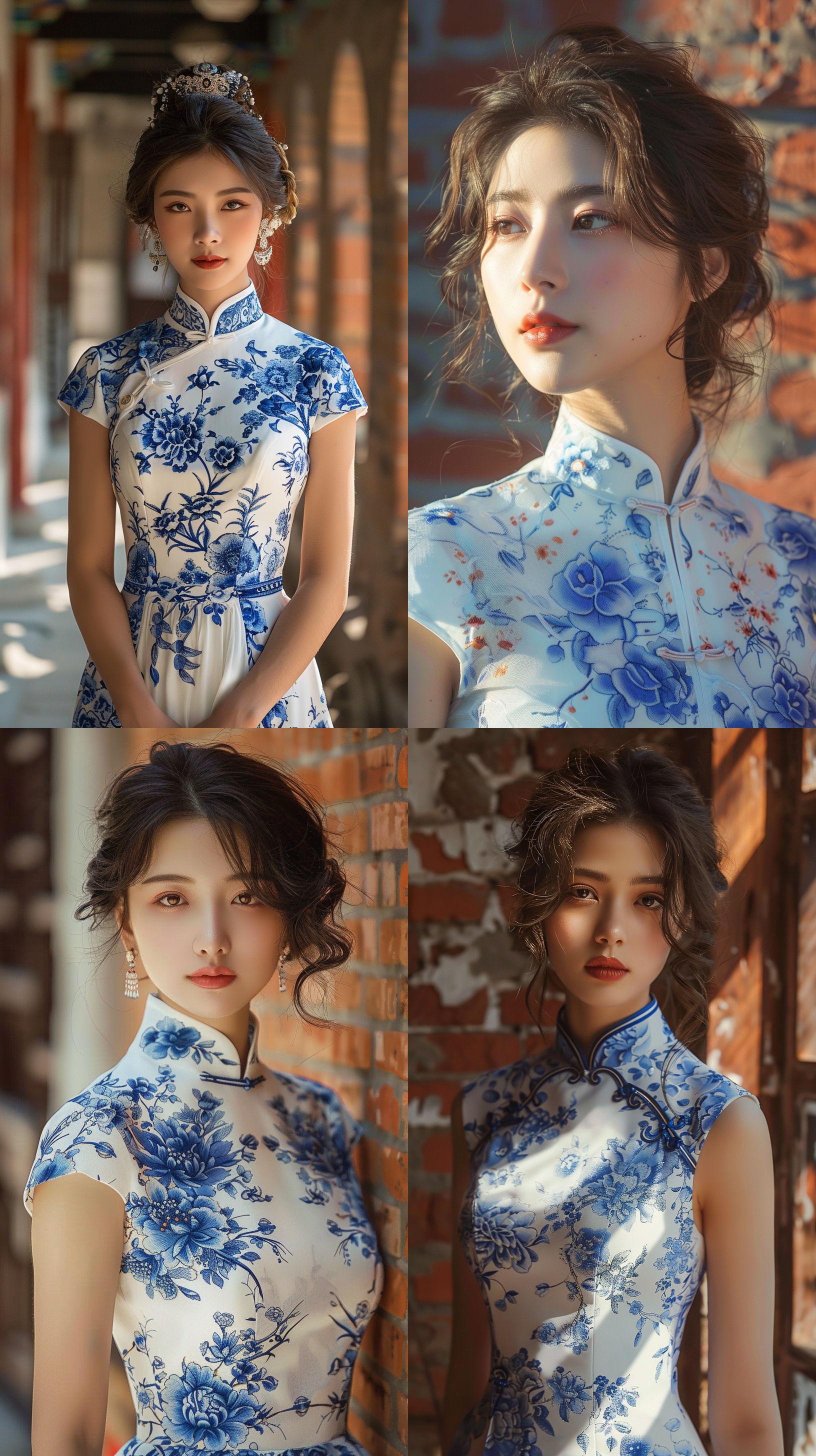 服装秀，中国女孩，20岁，端庄，高雅，青花瓷旗袍，室外，红砖墙古建筑，柔和光线