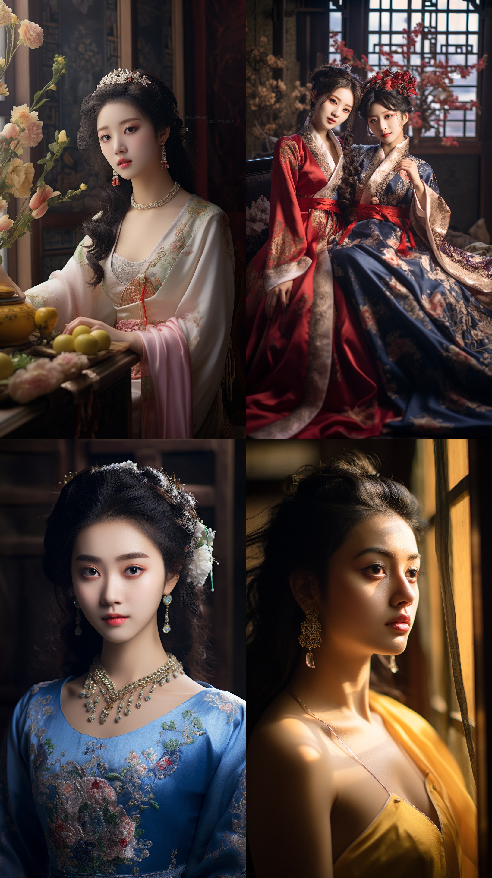 室内拍摄，明亮色调，中国模特穿着古典服装，侧面肖像，柔和光线，中焦镜头，端庄表情，优雅动作，传统元素，油画效果，温暖情感