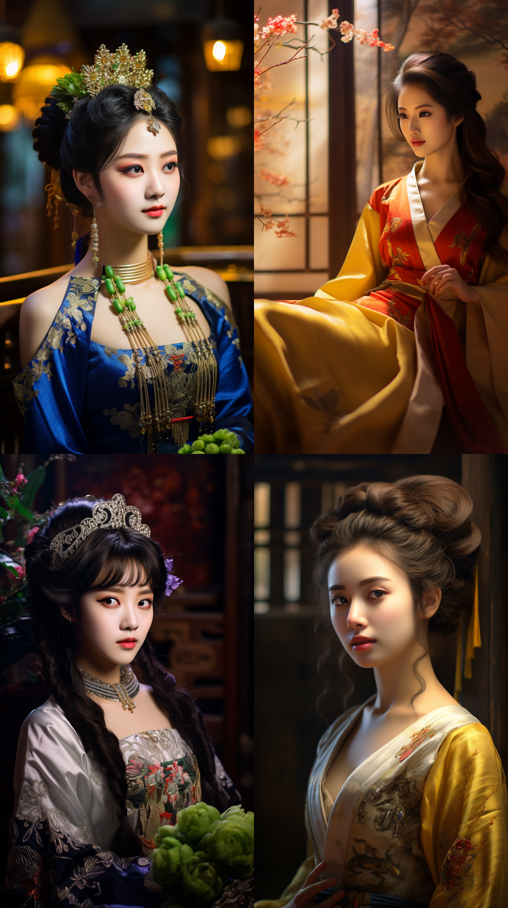 室内拍摄，明亮色调，中国模特穿着古典服装，侧面肖像，柔和光线，中焦镜头，端庄表情，优雅动作，传统元素，油画效果，温暖情感