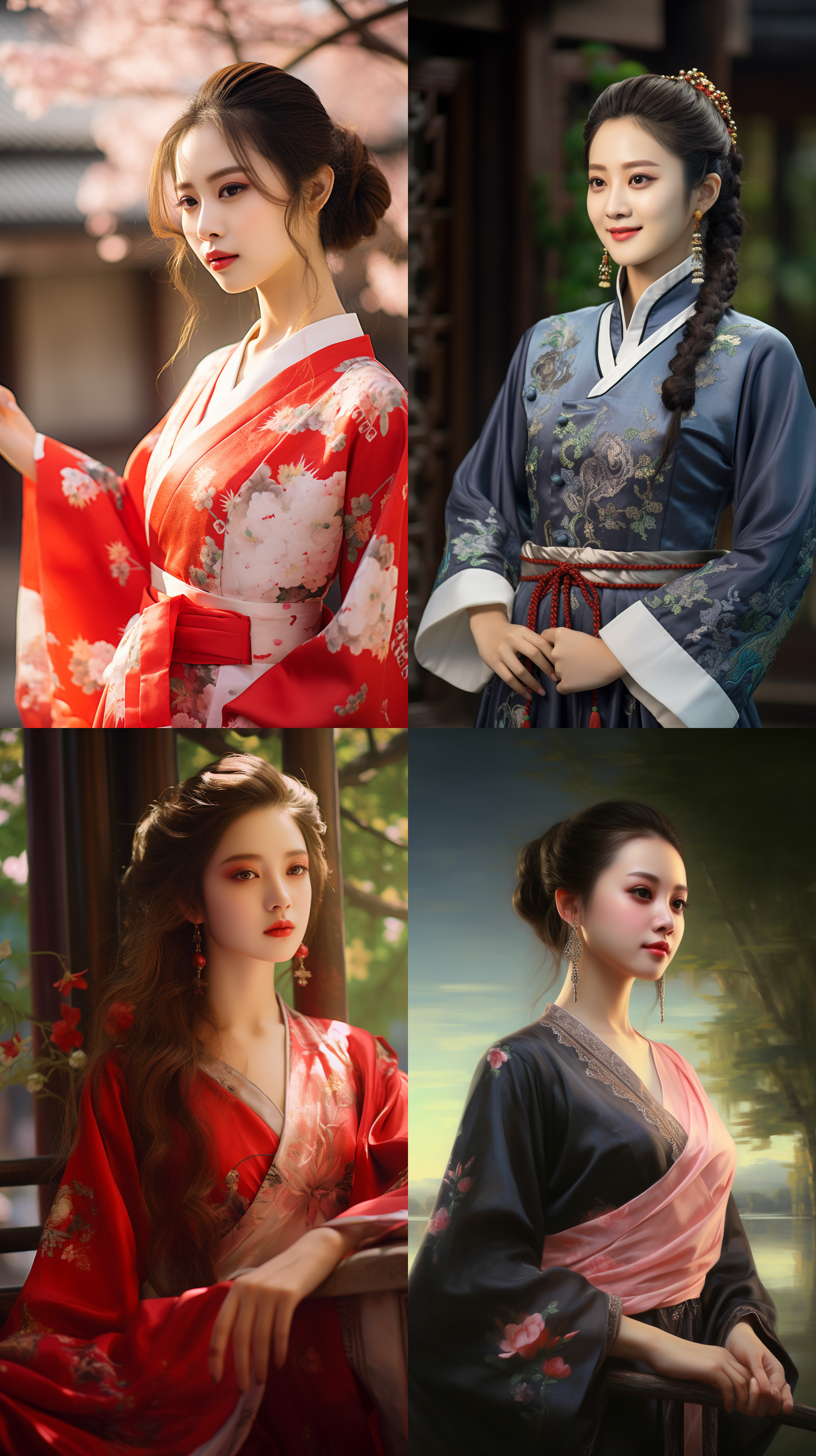室外拍摄，明亮色调，中国模特穿着古典服装，侧面肖像，柔和光线，中焦镜头，端庄表情，优雅动作，传统元素，油画效果，温暖情感